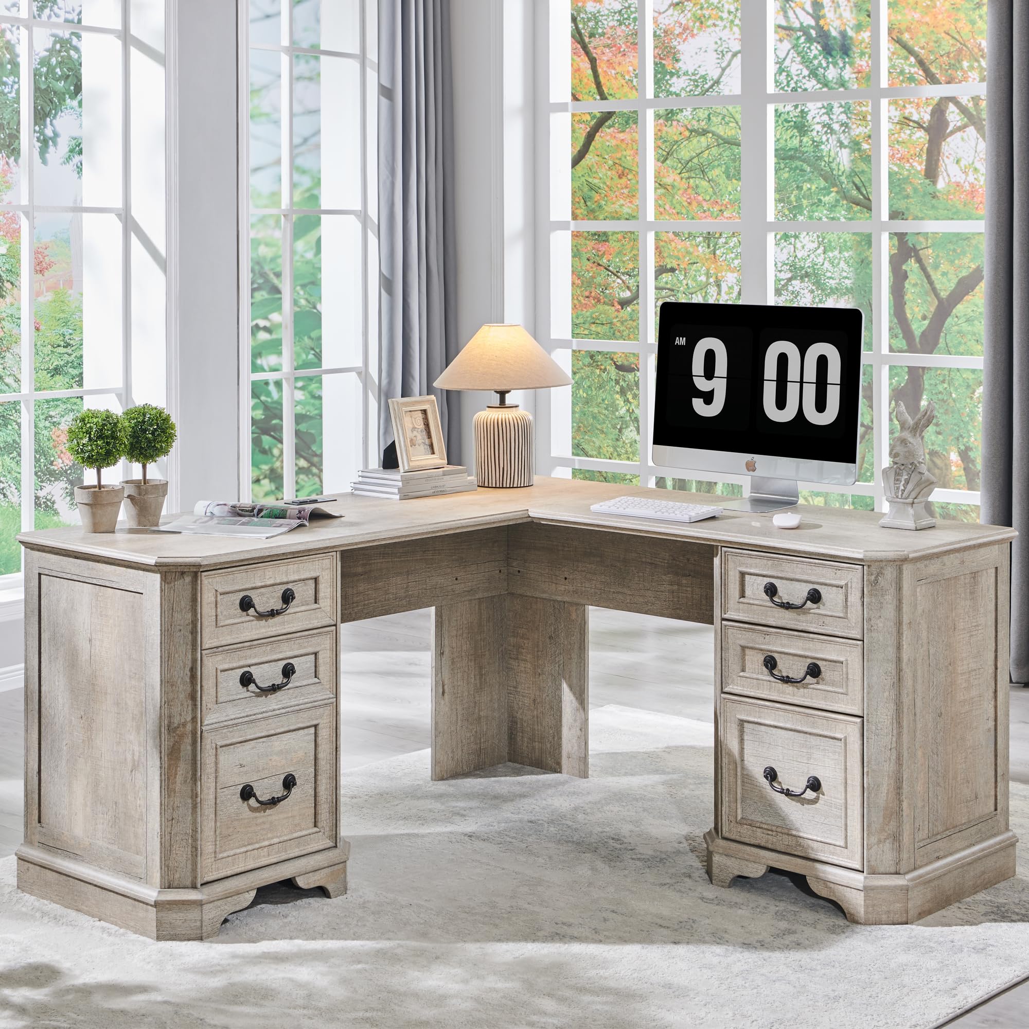 T4TREAM 59" Executive L Shaped Desk with Drawers,Farmhouse Wood Computer Corner Desk,Featuring Charging Station,File Drawer, Storage Cabinet,for Home Office Work and Study (Reclaimed Barnwood)
