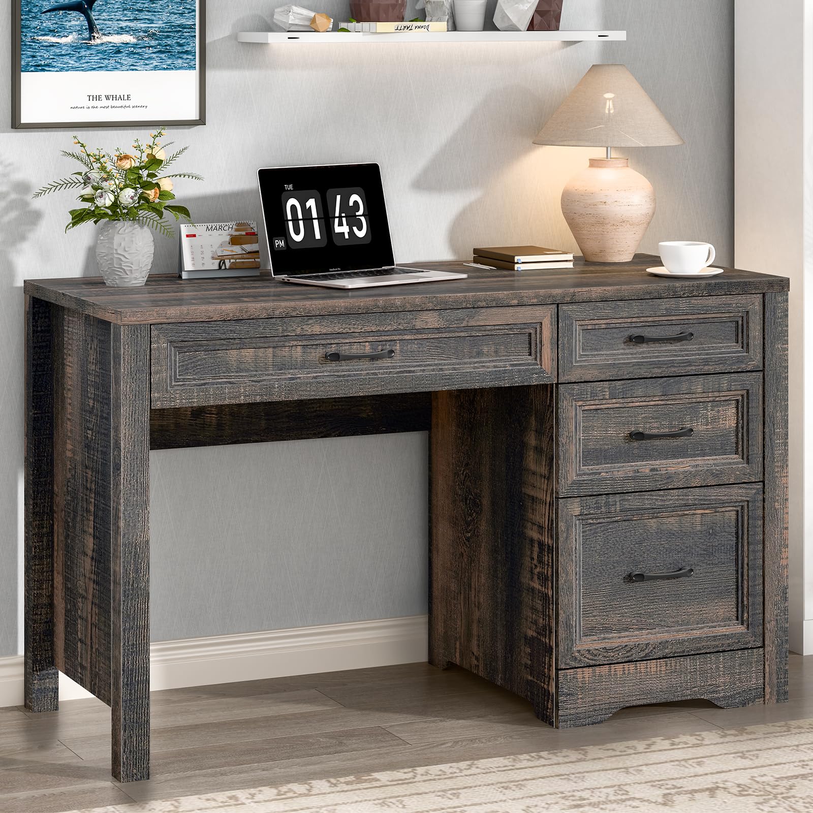 Vabches Farmhouse Executive Desk, Wood Home Office Desk with 2 Large File Drawers and 5 Storage Cabinets, Rustic Writing Desk for Work and Study, Brown