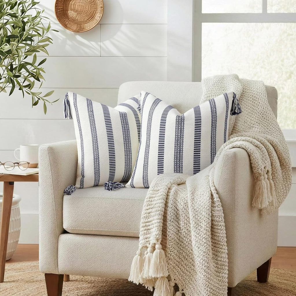 Boho Outdoor Couch Throw Pillow Covers Set of 2 Decorative Lumbar Thick Woven Striped Accent Neutral Pillow Covers with Tassels for Bed Sofa Home Decor 12x20 Inch, Navy Blue and Cream White