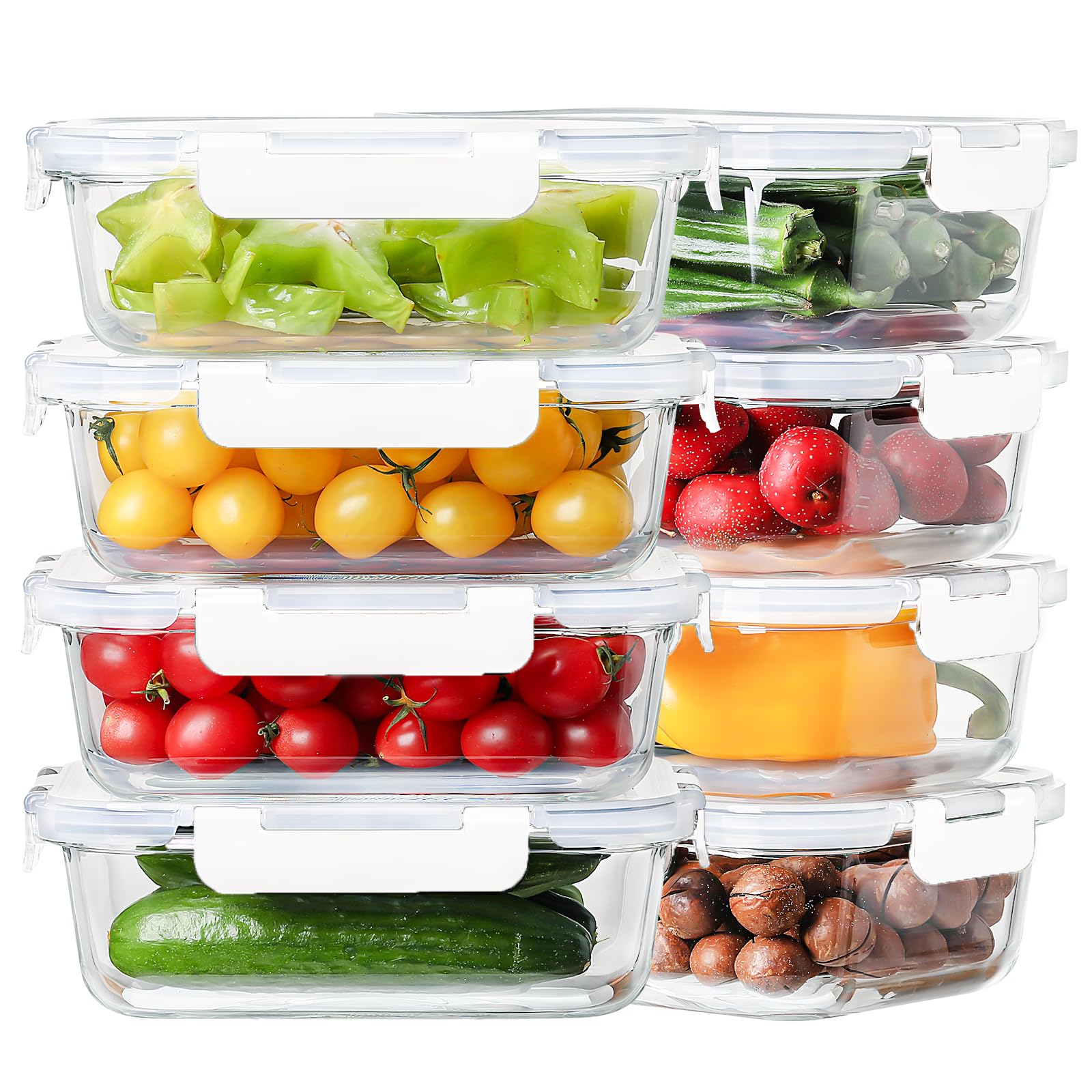 8 Pack 36oz Large Glass Meal Prep Containers with lids, Glass Food Storage Containers with Leak Proof Snap Lock Lids , Airtight Bento lunch Boxes, Kitchen Storage, Oven, Freezer and Dishwasher Safe