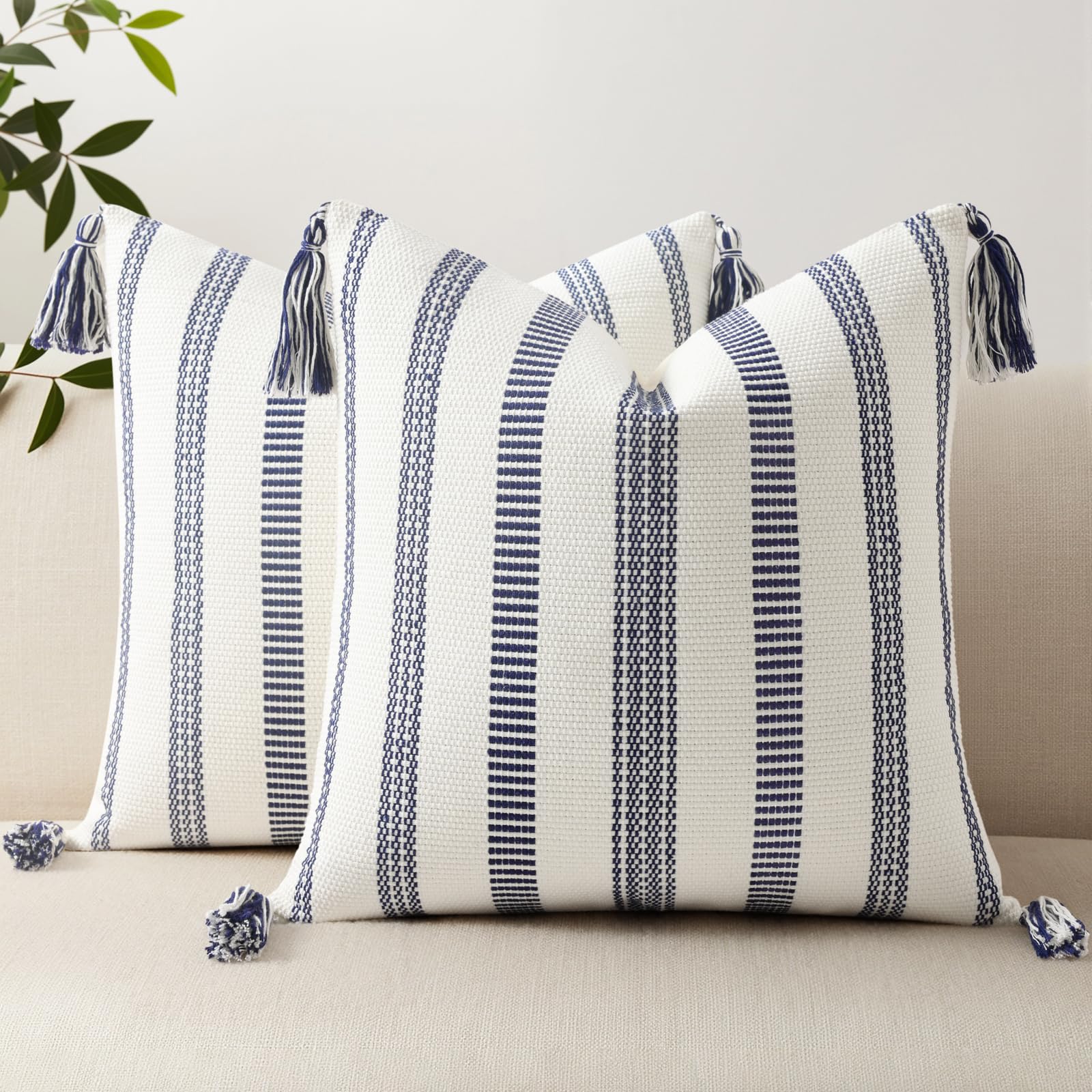 Boho Outdoor Couch Throw Pillow Covers Set of 2 Decorative Lumbar Thick Woven Striped Accent Neutral Pillow Covers with Tassels for Bed Sofa Home Decor 12x20 Inch, Navy Blue and Cream White