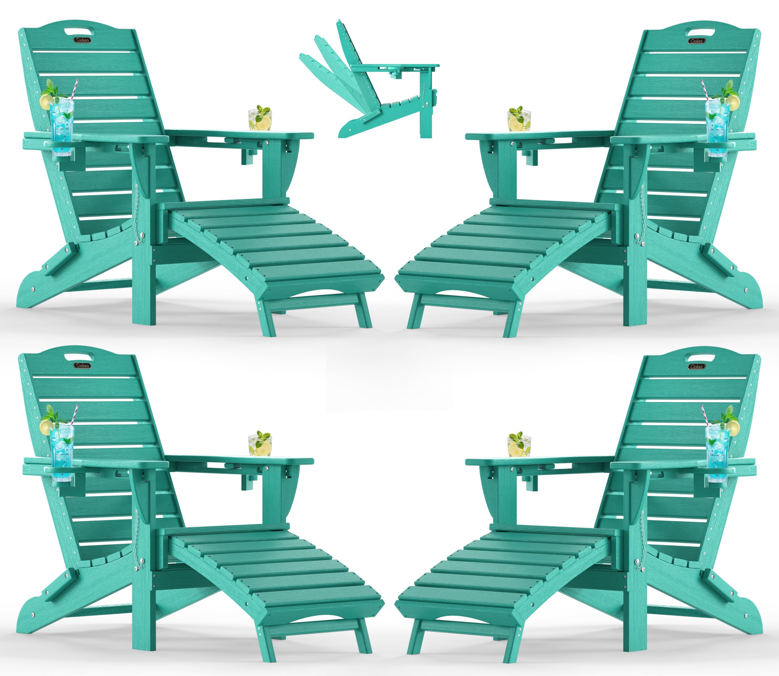 Ciokea Folding Adirondack Chair with Retractable Ottoman Fire Pit Patio Chair with Pull Out Foot Rest Weather Resistant Lawn Outdoor Lounge Chair with 2 Cup Holder (Grey)