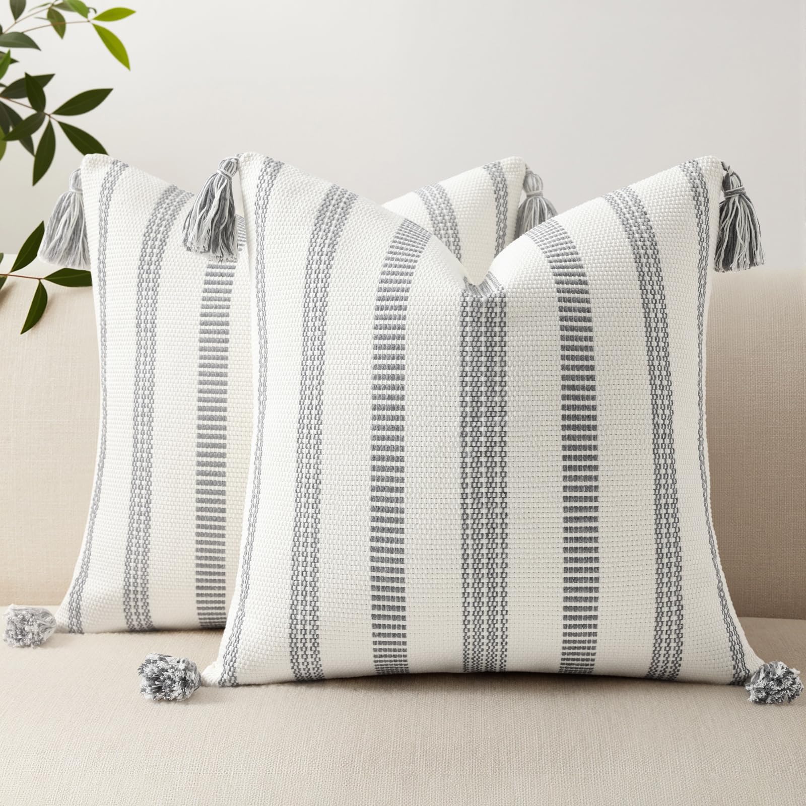 Boho Outdoor Couch Throw Pillow Covers Set of 2 Decorative Lumbar Thick Woven Striped Accent Neutral Pillow Covers with Tassels for Bed Sofa Home Decor 12x20 Inch, Navy Blue and Cream White