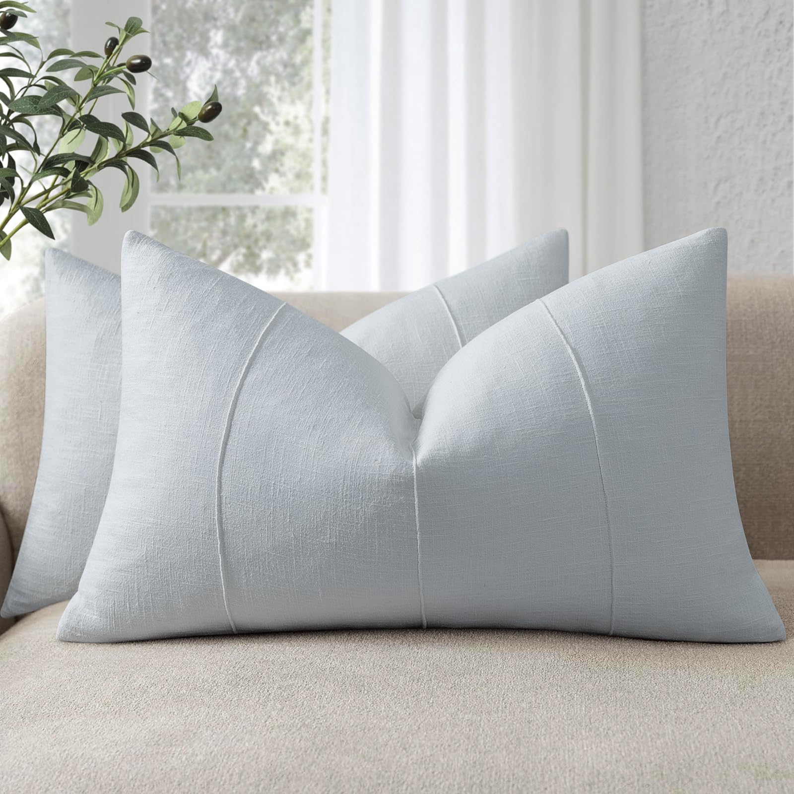 Decorative Linen Throw Pillow Covers 18x18 Set of 2 Solid handcrafted Striped Cushion Covers for Bed Soft Modern Farmhouse Neutral Pillowcase for Couch Bedroom Living Room Home Decor(Natural Beige)