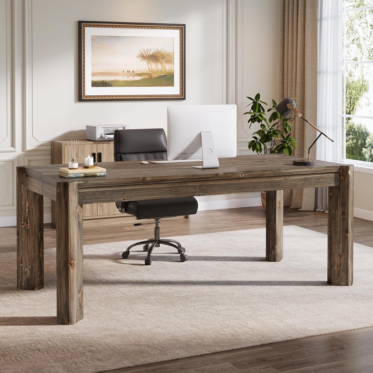63" Solid Wood Executive Desk, Farmhouse Home Office Computer Desk,Large Simple Study Writing Table Business Workstation for Office, Wood Legs, Vintage Brown