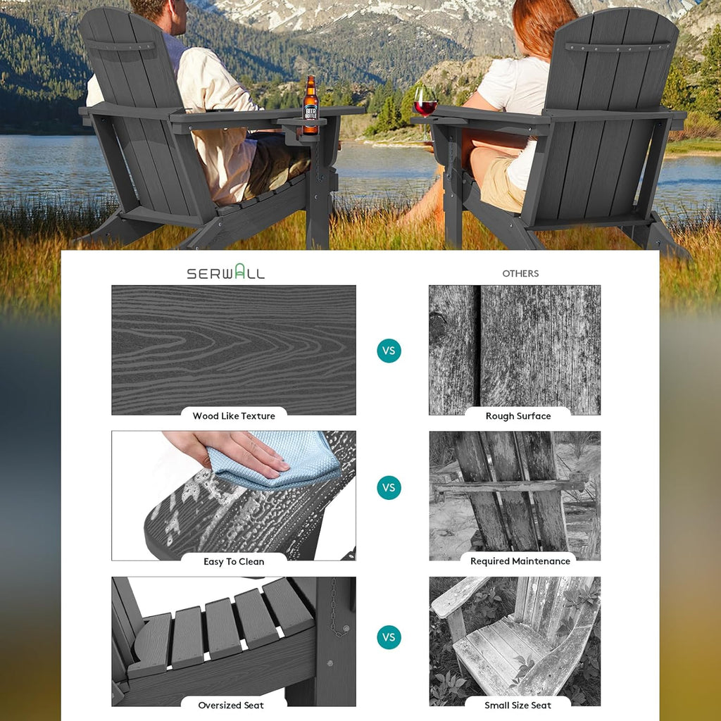 SERWALL Foldable Adirondack Chair Set of 2, HDPE Adirondack Chair with Wood-Texture-Gray