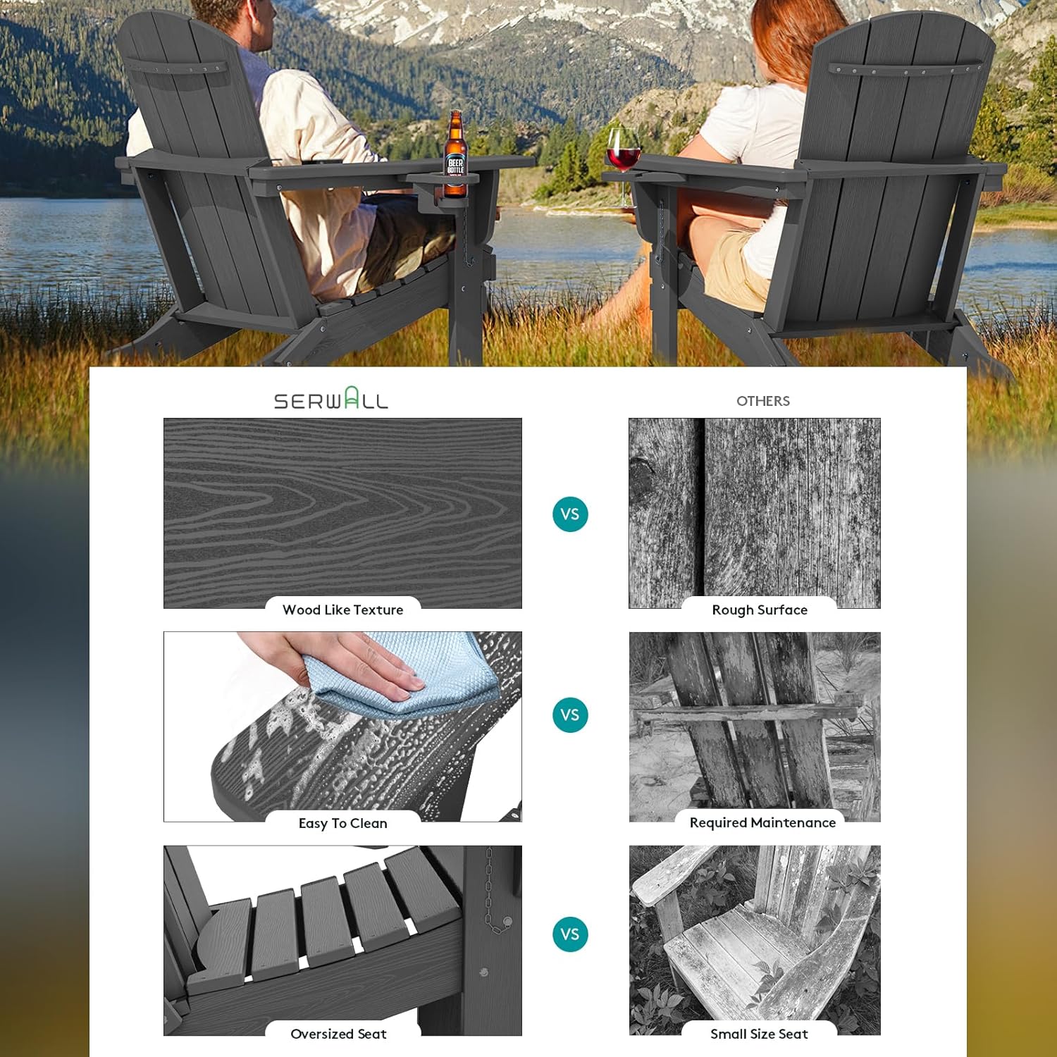 SERWALL Foldable Adirondack Chair Set of 2, HDPE Adirondack Chair with Wood-Texture-Gray