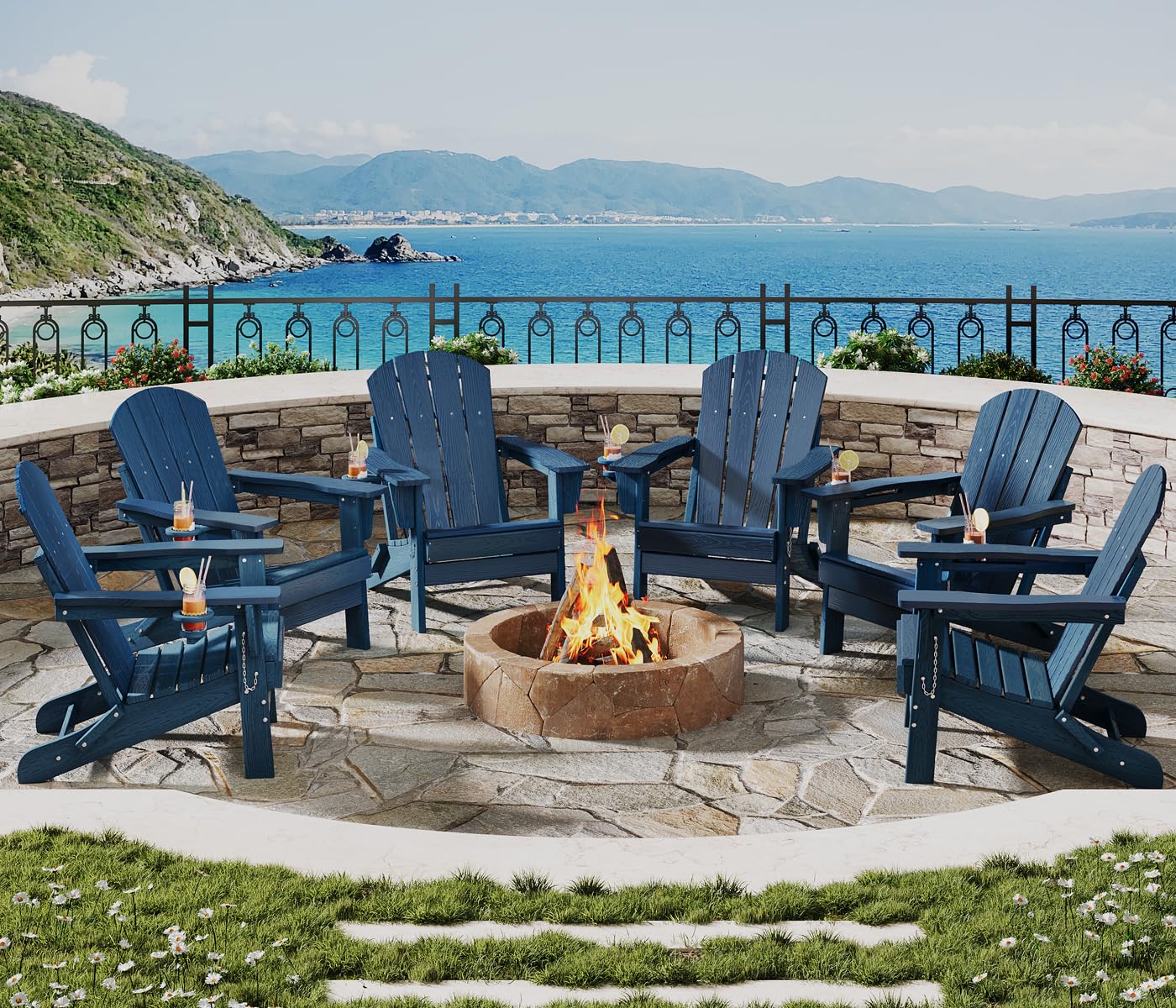 GarveeLife Folding Adirondack Chair Set of 2, All-Weather HDPE Outdoor Chair, Wooden Textured with Cup Holder for patios, Decks, Gardens, fire pits, Navy Blue