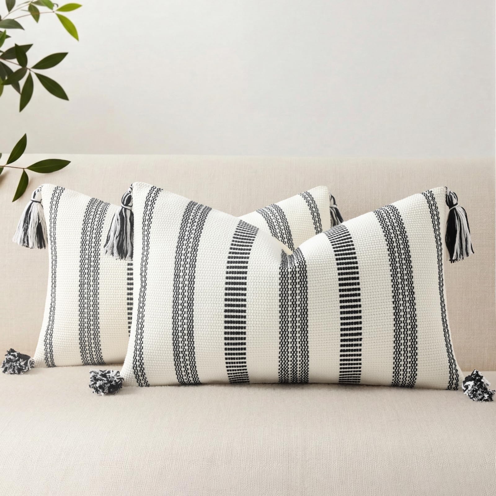 Boho Outdoor Couch Throw Pillow Covers Set of 2 Decorative Lumbar Thick Woven Striped Accent Neutral Pillow Covers with Tassels for Bed Sofa Home Decor 12x20 Inch, Navy Blue and Cream White