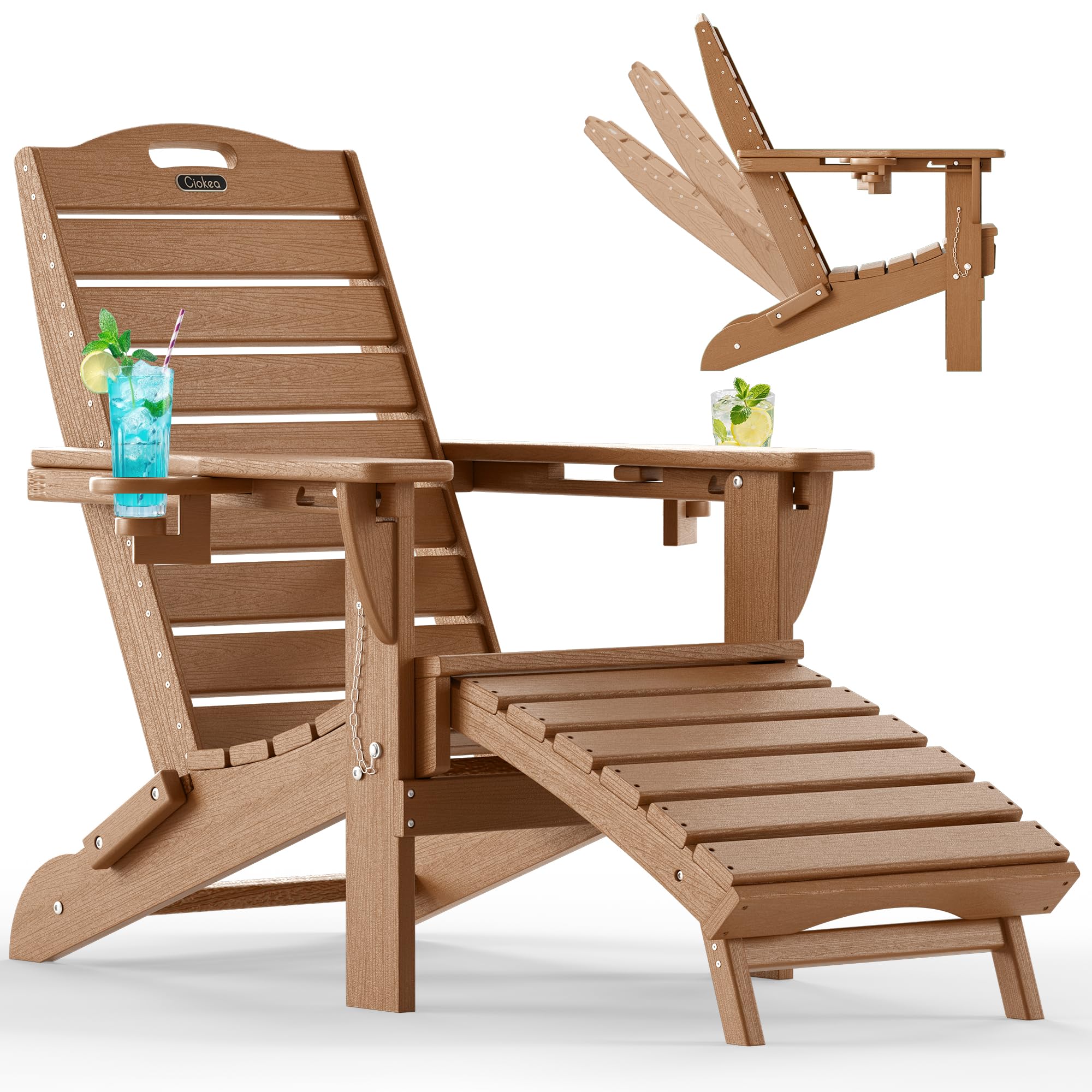 Ciokea Folding Adirondack Chair with Retractable Ottoman Fire Pit Patio Chair with Pull Out Foot Rest Weather Resistant Lawn Outdoor Lounge Chair with 2 Cup Holder (Grey)