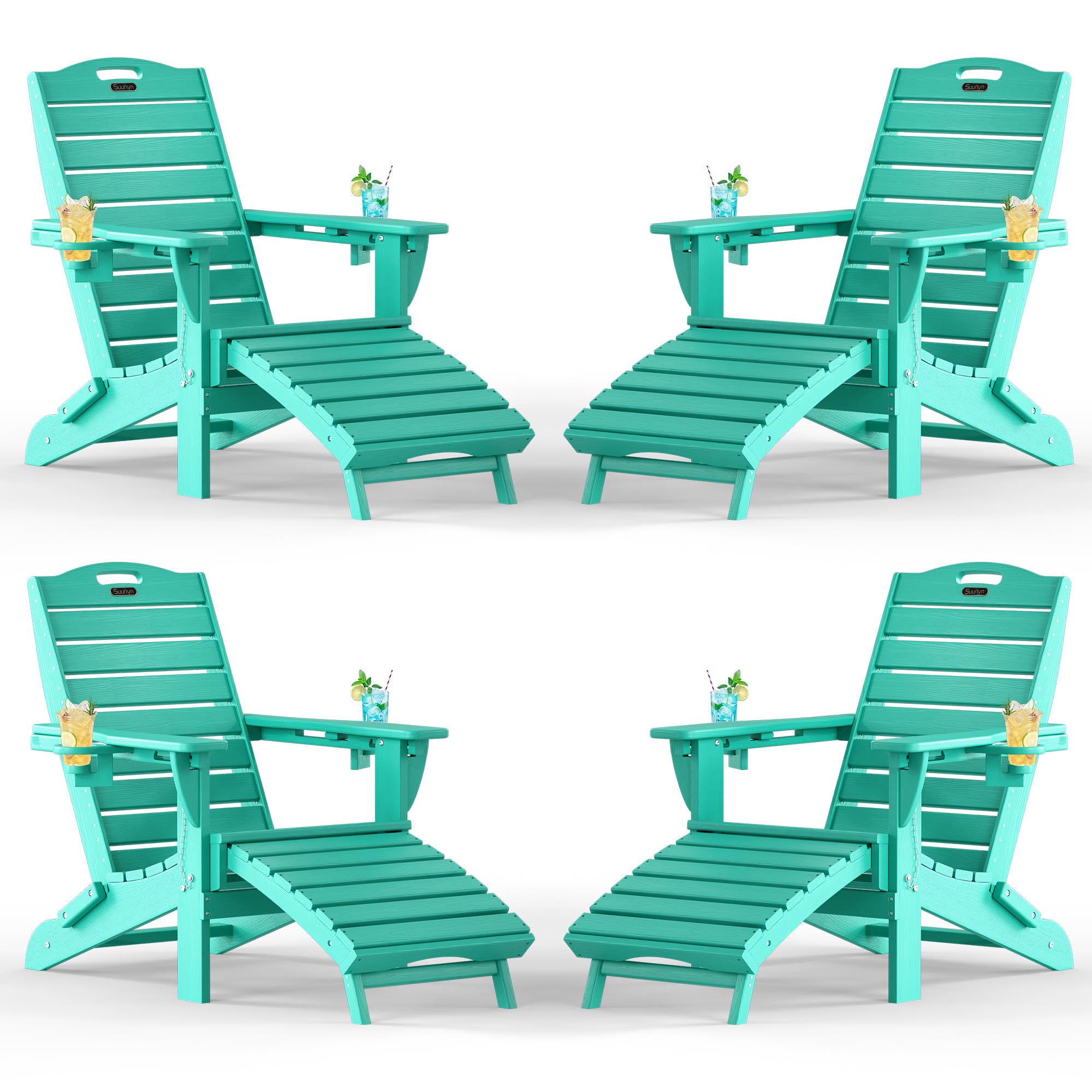 Folding Adirondack Chair with Retractable Ottoman, Weather Resistant Fire Pit Chair Patio Chair with 2 Cup Holder Lawn Outdoor Lounge Chair (Grey)