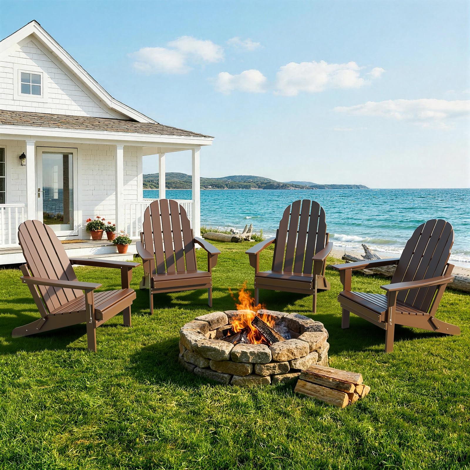 Oversized Folding Adirondack Chairs Set of 4, HDPE All-Weather Outdoor Chairs Easy to Store Fire Pit Chairs for Patio, Lawn, Poolside, Garden, Backyard, Deck- Gray