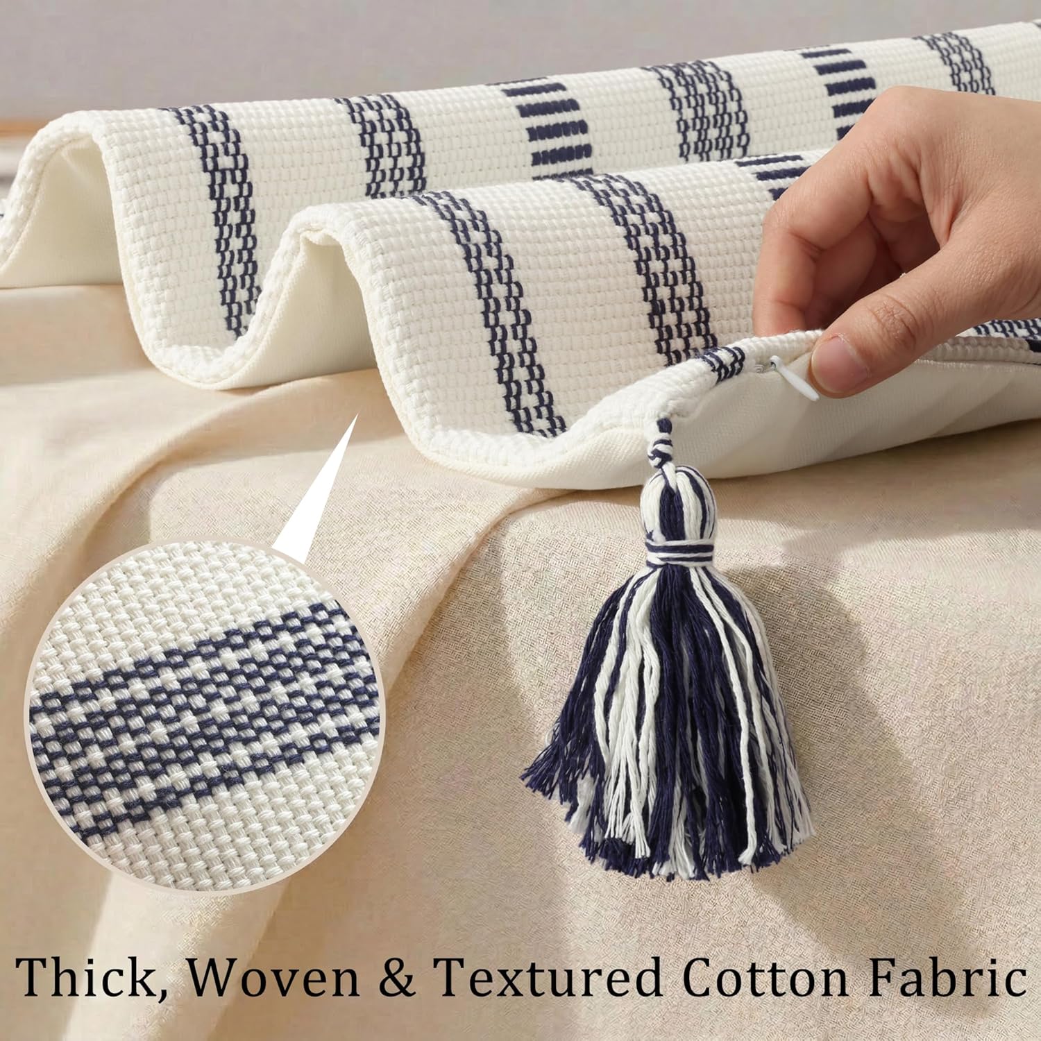 Boho Outdoor Couch Throw Pillow Covers Set of 2 Decorative Lumbar Thick Woven Striped Accent Neutral Pillow Covers with Tassels for Bed Sofa Home Decor 12x20 Inch, Navy Blue and Cream White