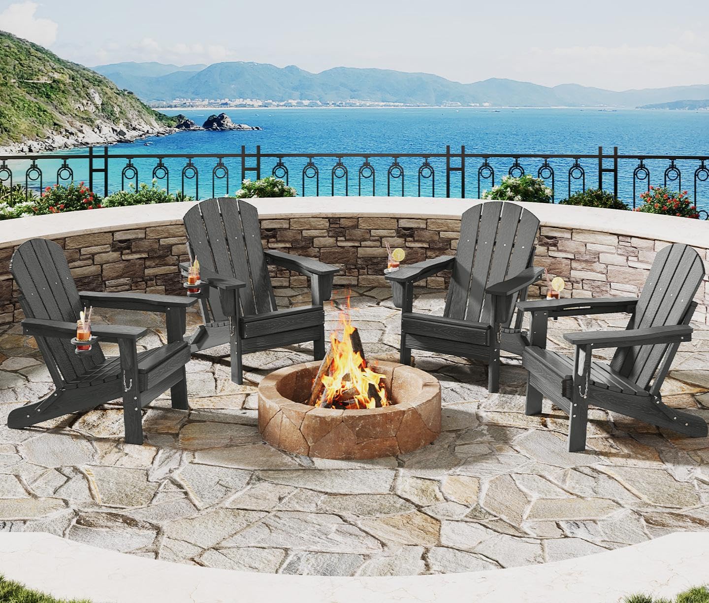 GarveeLife Folding Adirondack Chair Set of 2, All-Weather HDPE Outdoor Chair, Wooden Textured with Cup Holder for patios, Decks, Gardens, fire pits, Navy Blue