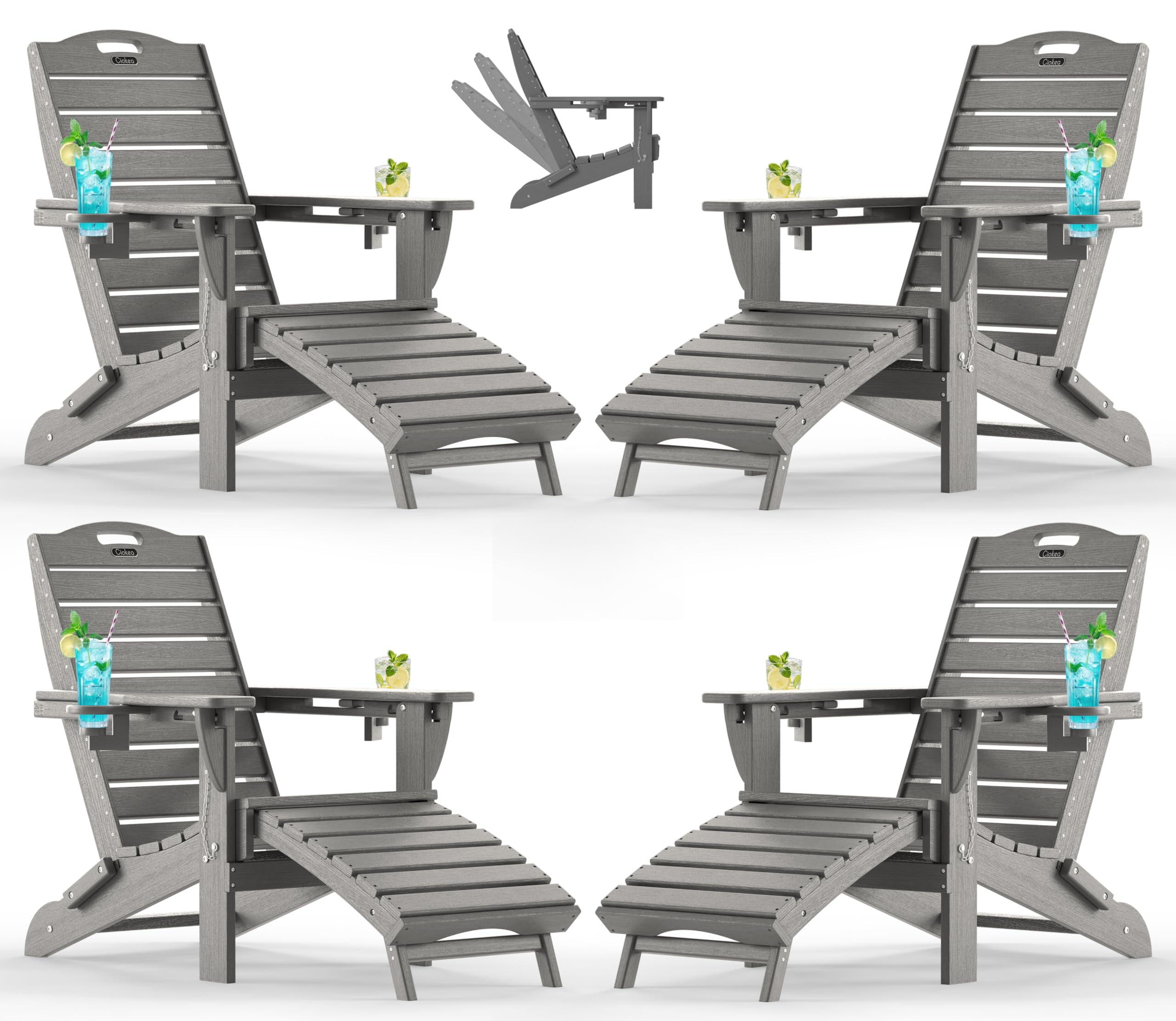 Ciokea Folding Adirondack Chair with Retractable Ottoman Fire Pit Patio Chair with Pull Out Foot Rest Weather Resistant Lawn Outdoor Lounge Chair with 2 Cup Holder (Grey)