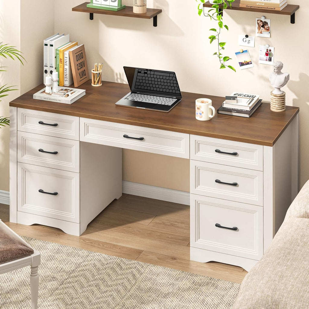 Vabches Farmhouse Executive Desk, Wood Home Office Desk with 2 Large File Drawers and 5 Storage Cabinets, Rustic Writing Desk for Work and Study, Brown