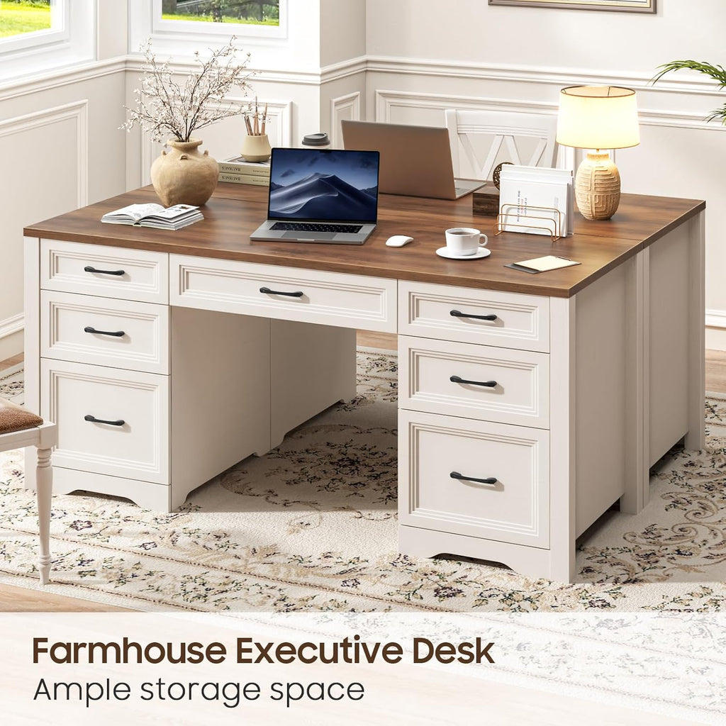 Vabches Farmhouse Executive Desk, Wood Home Office Desk with 2 Large File Drawers and 5 Storage Cabinets, Rustic Writing Desk for Work and Study, Brown