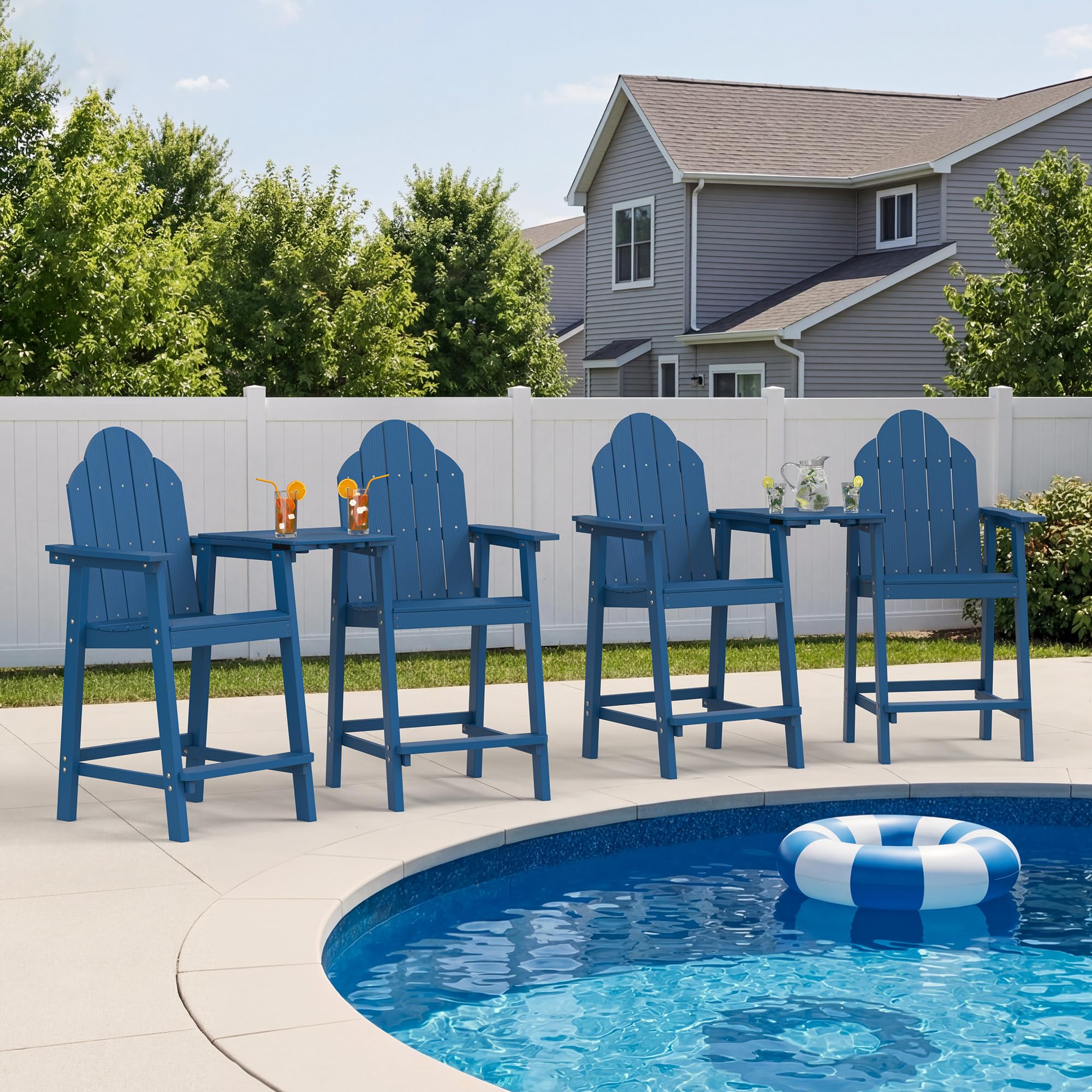 LUE BONA Tall Adirondack Chair Set of 2, All Weather HDPS Bar Height Chairs with Aluminum Legs, Detachable Table & Umbrella Hole for Patio, Deck, Backyard & Commercial Use Navy Blue