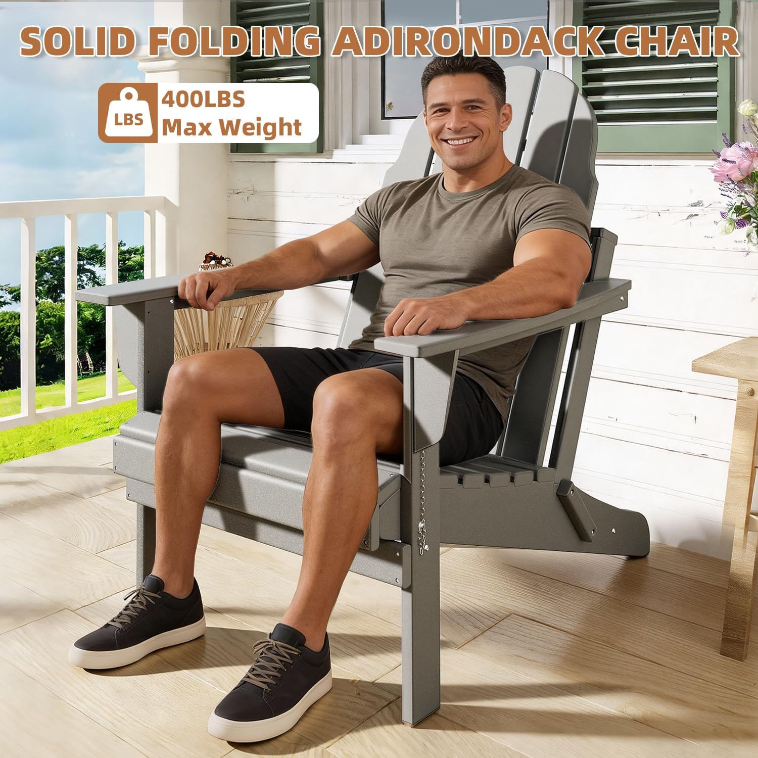 Oversized Folding Adirondack Chairs Set of 4, HDPE All-Weather Outdoor Chairs Easy to Store Fire Pit Chairs for Patio, Lawn, Poolside, Garden, Backyard, Deck- Gray