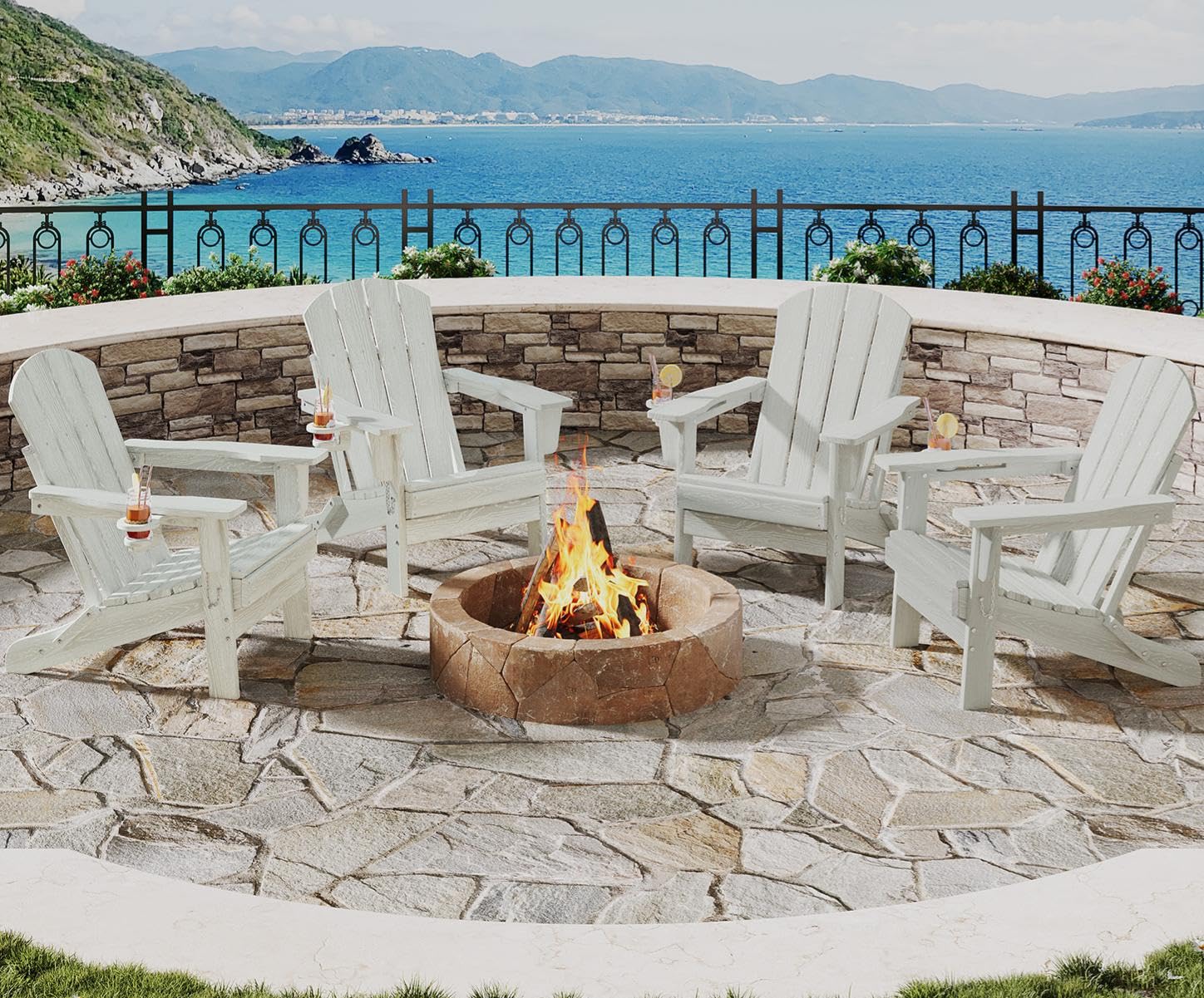 GarveeLife Folding Adirondack Chair Set of 2, All-Weather HDPE Outdoor Chair, Wooden Textured with Cup Holder for patios, Decks, Gardens, fire pits, Navy Blue