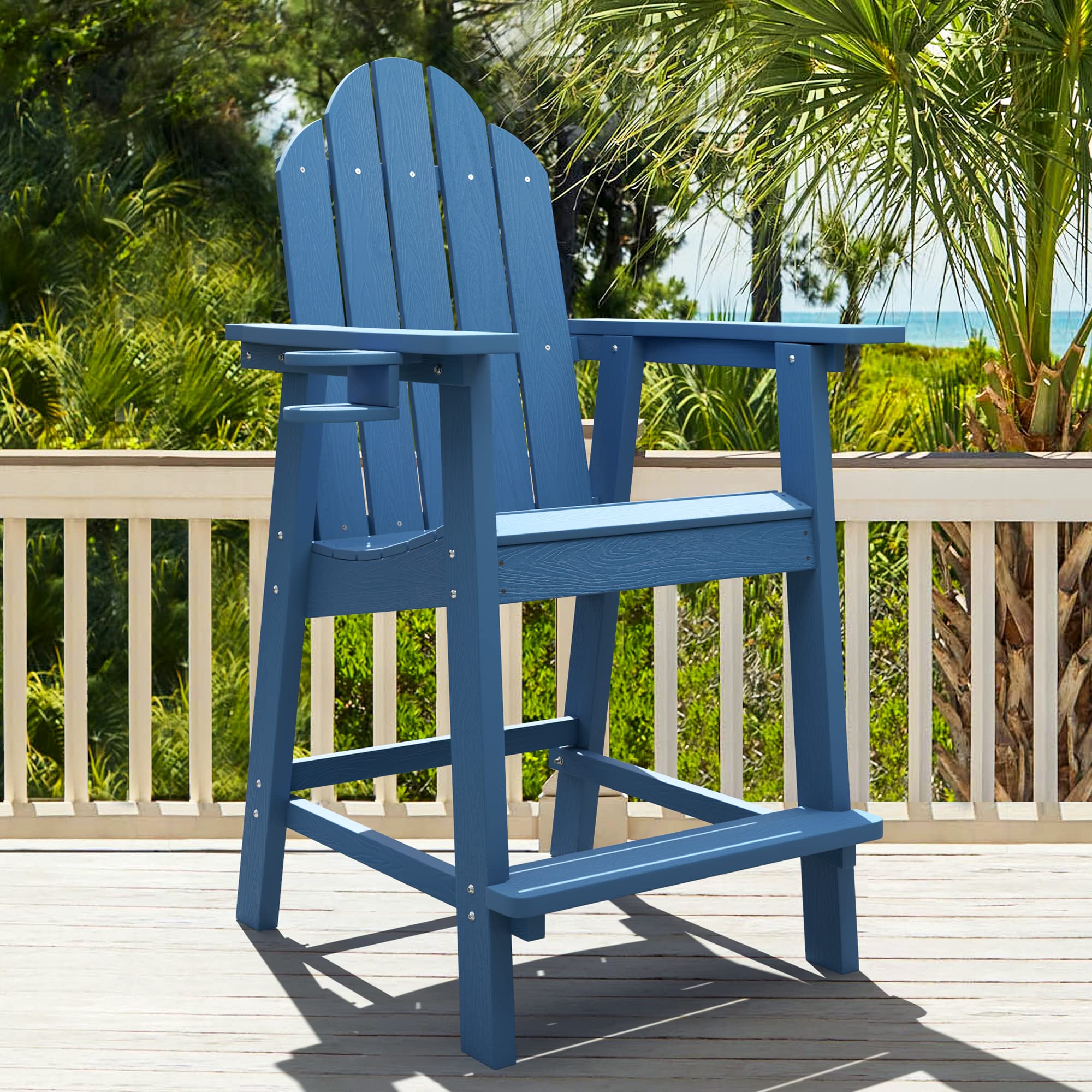 LUE BONA Tall Adirondack Chair Set of 2, All Weather HDPS Bar Height Chairs with Aluminum Legs, Detachable Table & Umbrella Hole for Patio, Deck, Backyard & Commercial Use Navy Blue