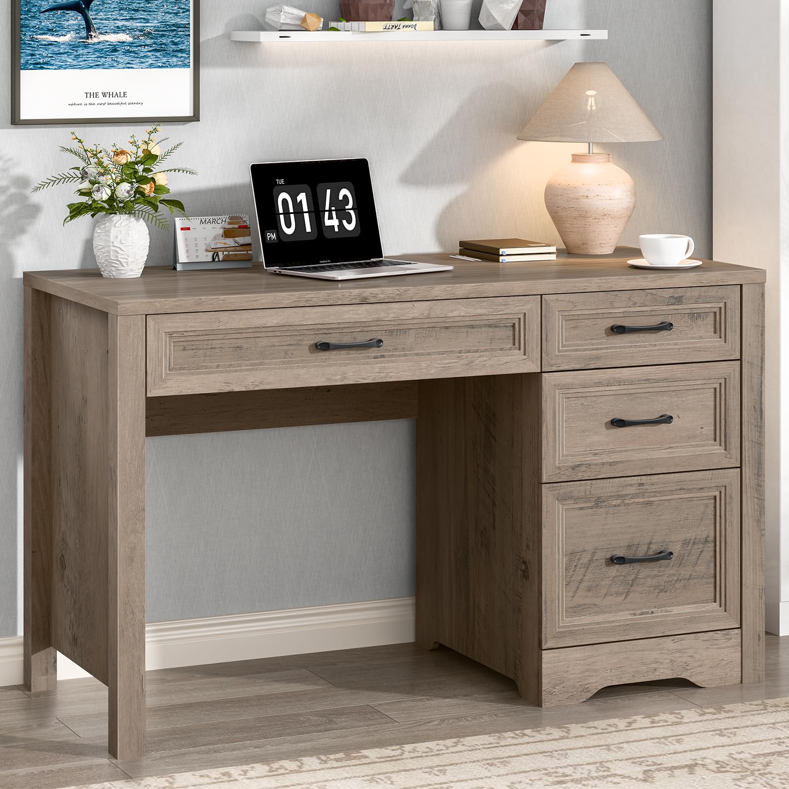 Vabches Farmhouse Executive Desk, Wood Home Office Desk with 2 Large File Drawers and 5 Storage Cabinets, Rustic Writing Desk for Work and Study, Brown