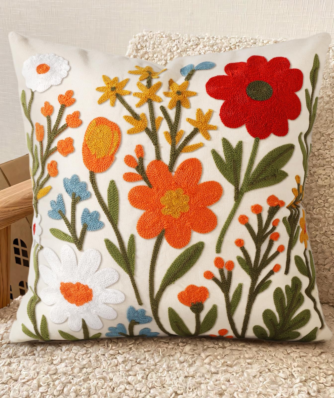 Embroidered Throw Pillow Cover 20x20 Inch - Spring Summer Boho Decorative Pillow Cover with Zipper for Living Room Couch Sofa Bed Aesthetic Design Retro Flower Cushion Pillowcase
