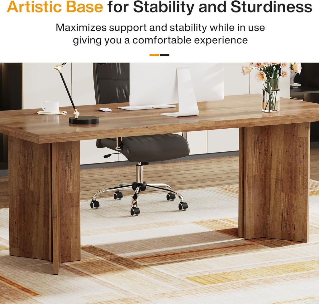 Tribesigns 63-inch Executive Desk, Vintage Home Office Computer Desk with Large Tabletop, Farmhouse Wood Writing Conference Table Workstation for Office, Study, Walnut Brown