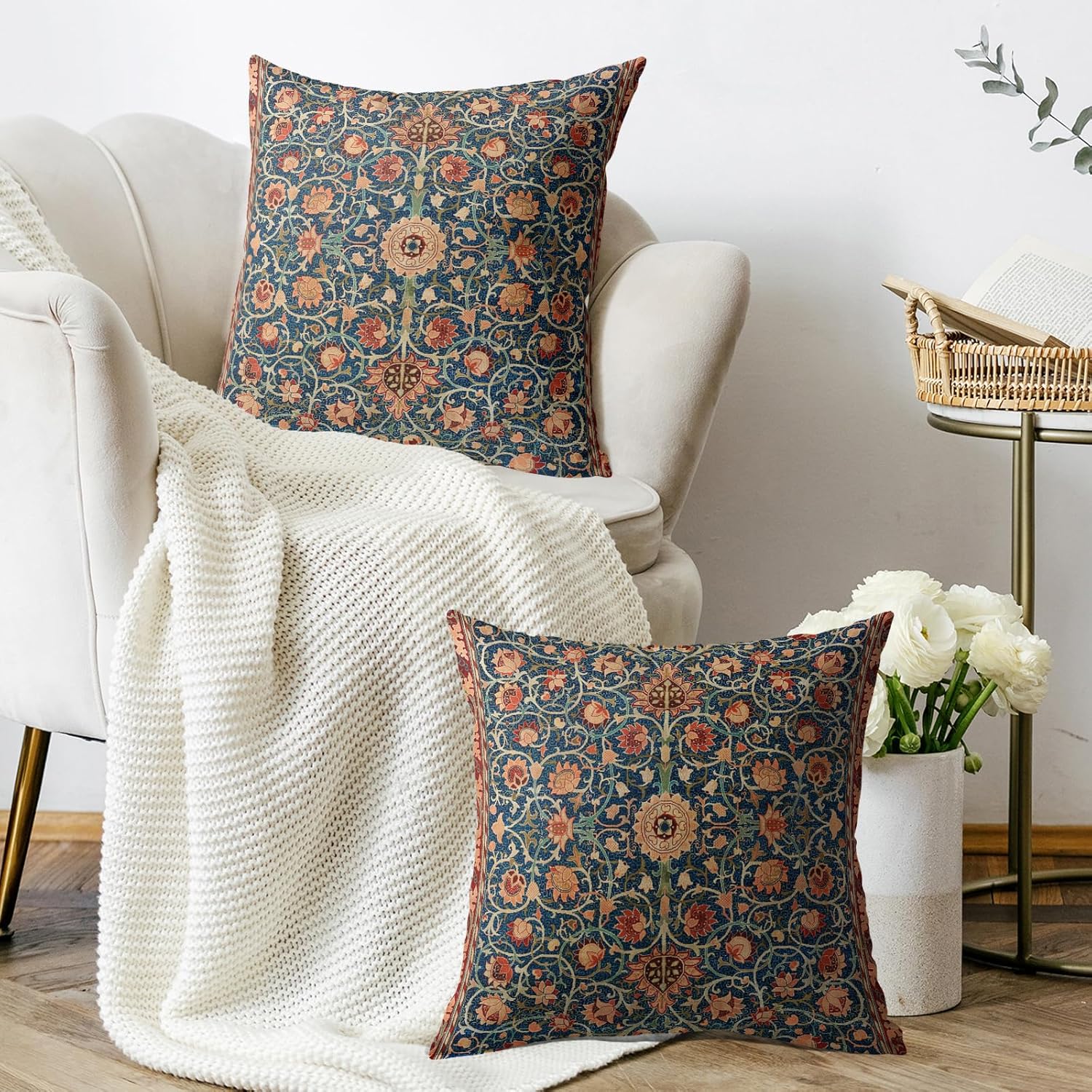 Vintage Floral Pillow Covers 20x20 Set of 2 Modern Botanical Print Blue Burnt Orange Flower Pattern Decorative Throw Pillow Cases Outdoor Farmhouse Decoration for Sofa Couch Bed