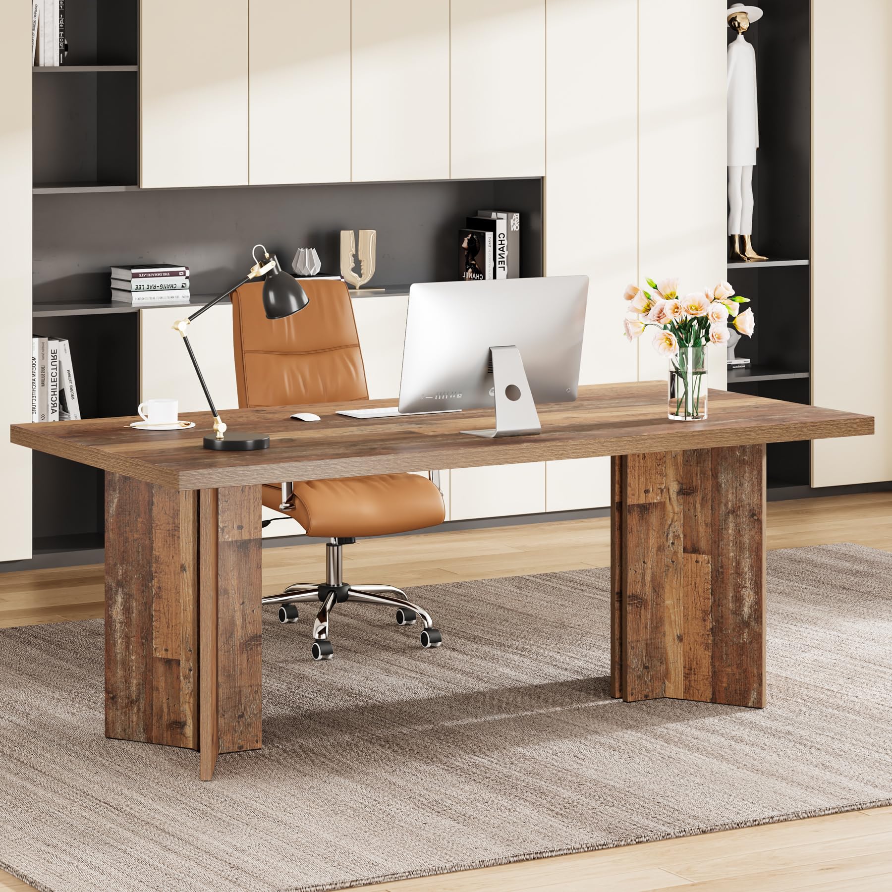 Tribesigns 63-inch Executive Desk, Vintage Home Office Computer Desk with Large Tabletop, Farmhouse Wood Writing Conference Table Workstation for Office, Study, Walnut Brown