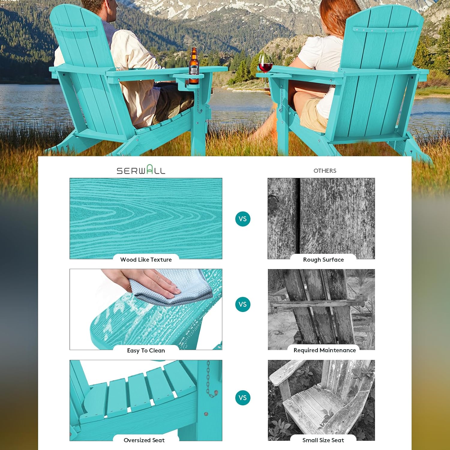 SERWALL Adirondack Chair with Cup Holders - Composite Adirondack Chairs HDPE Outdoor Chairs All Weather Use- Aruba
