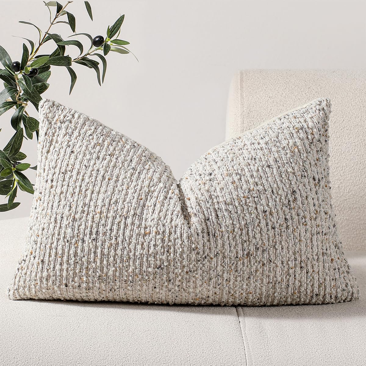 DEZENE 22x22 Beige Throw Pillow Cover Textured Boucle Striped Chic Morden Boho Accent Farmhouse Square Decorative Couch Pillow Cover for Home Decor Bed Sofa Living Room