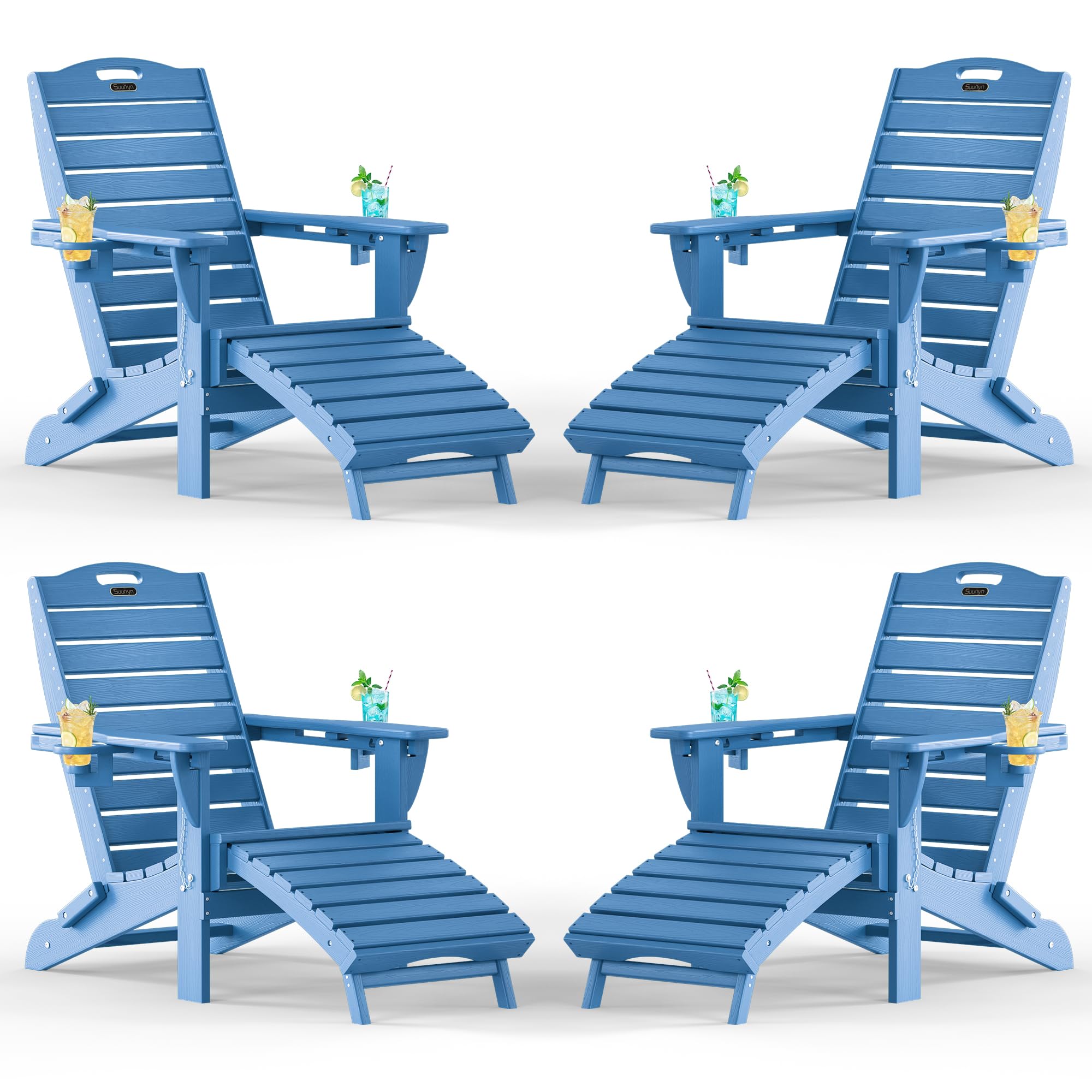 Folding Adirondack Chair with Retractable Ottoman, Weather Resistant Fire Pit Chair Patio Chair with 2 Cup Holder Lawn Outdoor Lounge Chair (Grey)