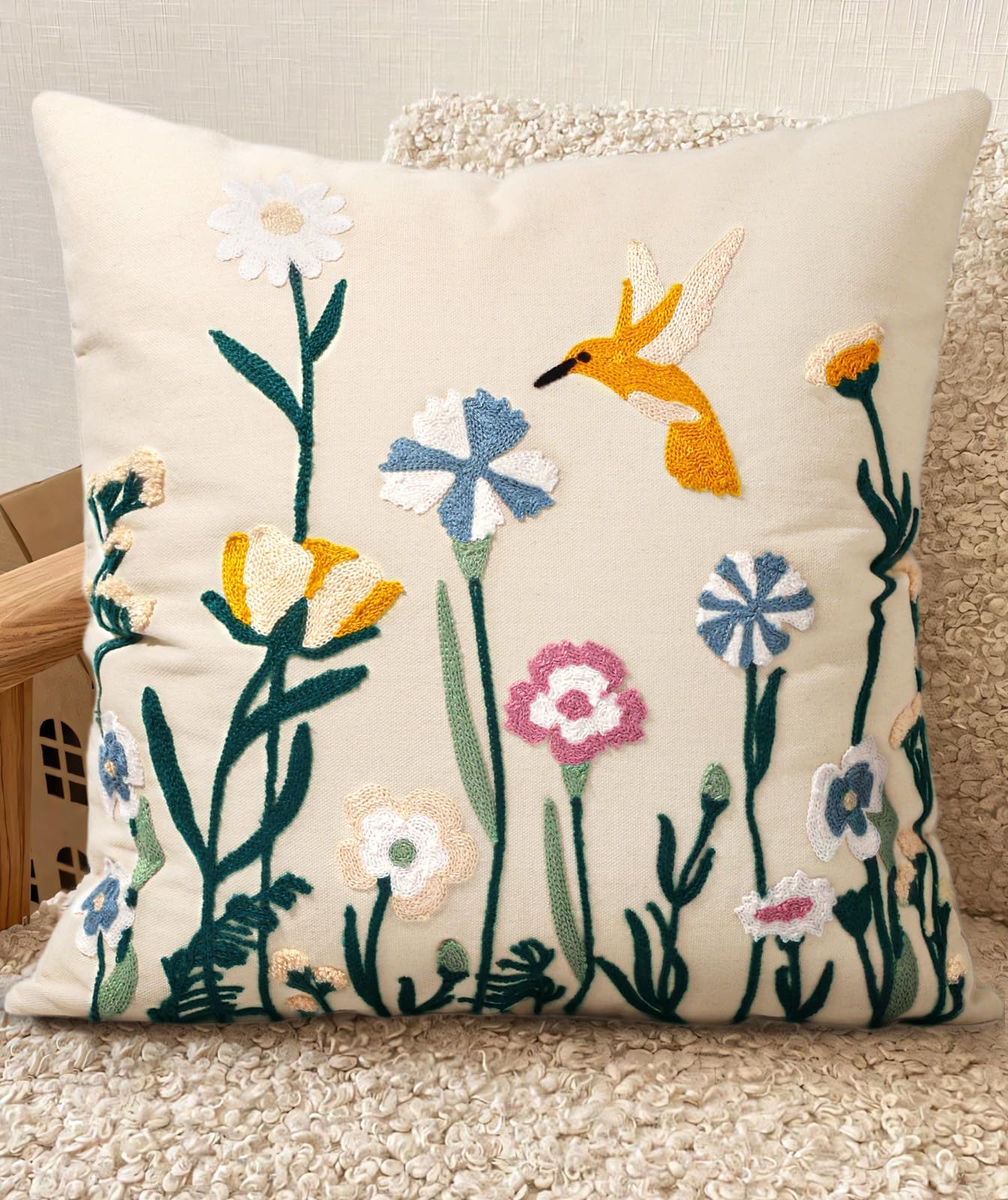 Embroidered Throw Pillow Cover 20x20 Inch - Spring Summer Boho Decorative Pillow Cover with Zipper for Living Room Couch Sofa Bed Aesthetic Design Retro Flower Cushion Pillowcase