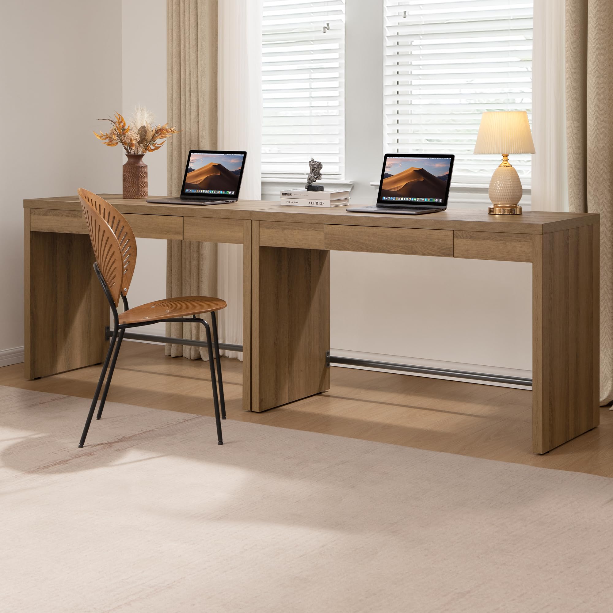 SICOTAS Home Office Executive Desk - 47-Inch Computer Desk with Drawer, Farmhouse Writing Study Desk with Storage,Boho Makeup Vanity Table for Bedroom (Reclaimed Caramel Oak, 2 Pieces)