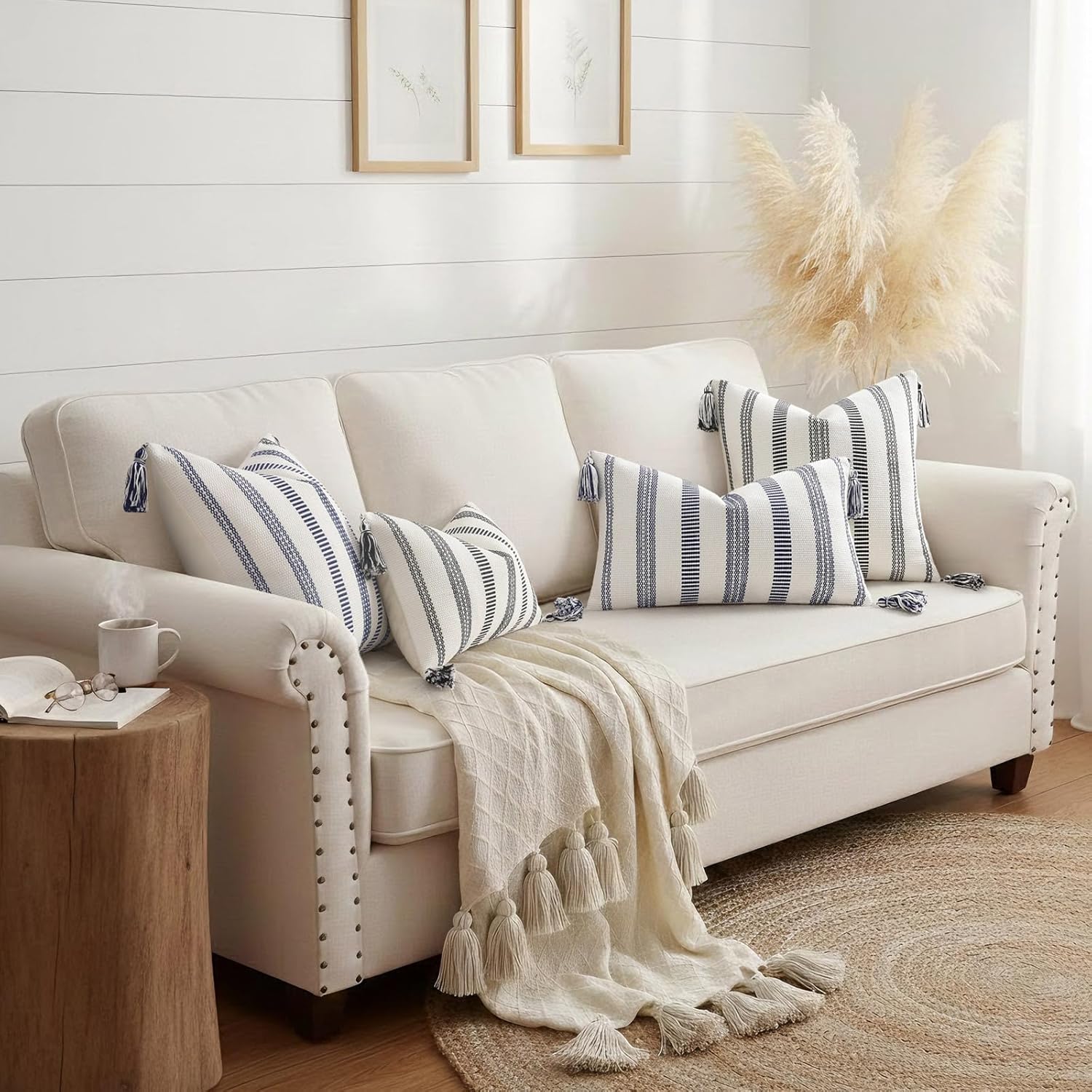Boho Outdoor Couch Throw Pillow Covers Set of 2 Decorative Lumbar Thick Woven Striped Accent Neutral Pillow Covers with Tassels for Bed Sofa Home Decor 12x20 Inch, Navy Blue and Cream White