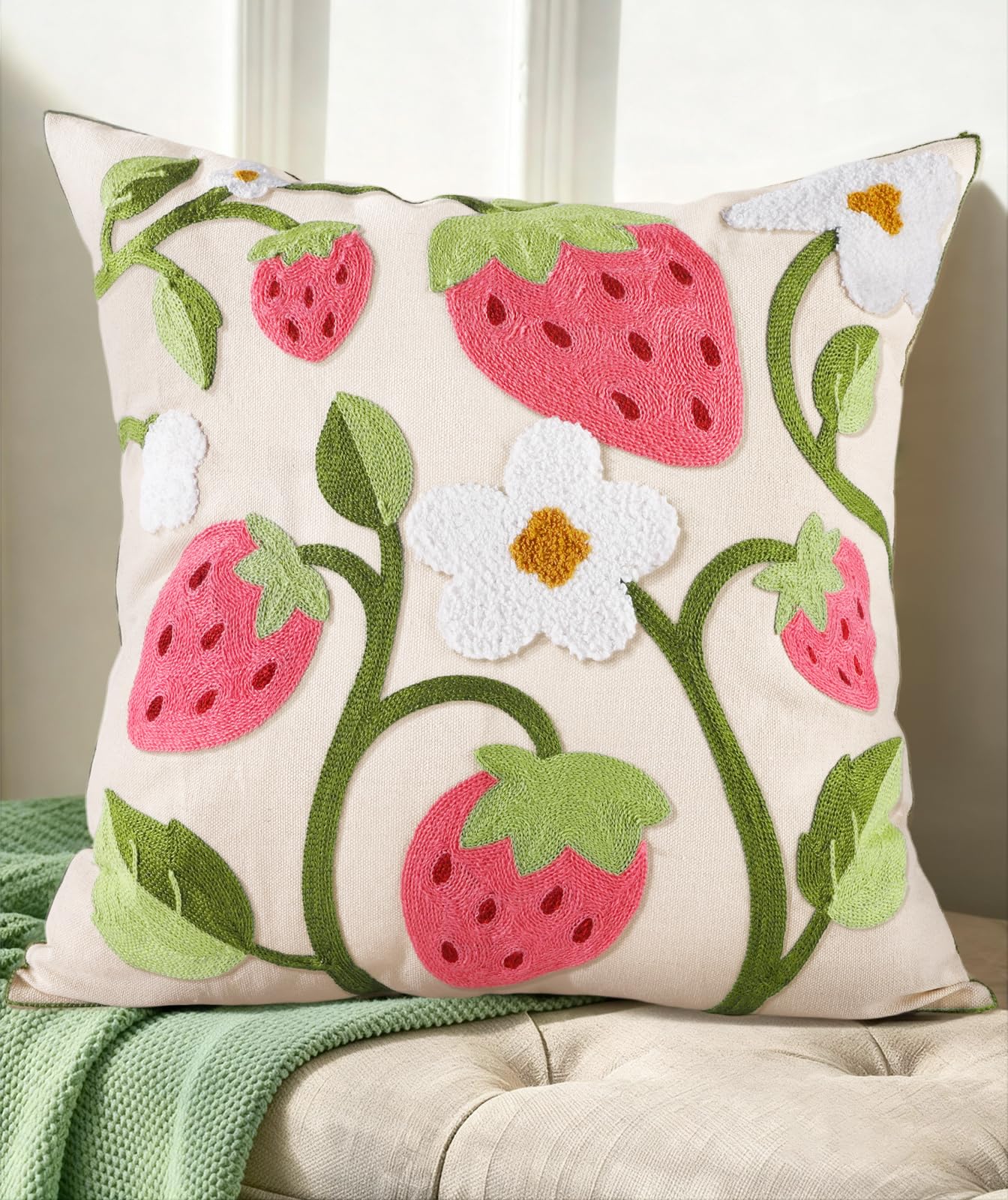 Embroidered Throw Pillow Cover 20x20 Inch - Spring Summer Boho Decorative Pillow Cover with Zipper for Living Room Couch Sofa Bed Aesthetic Design Retro Flower Cushion Pillowcase