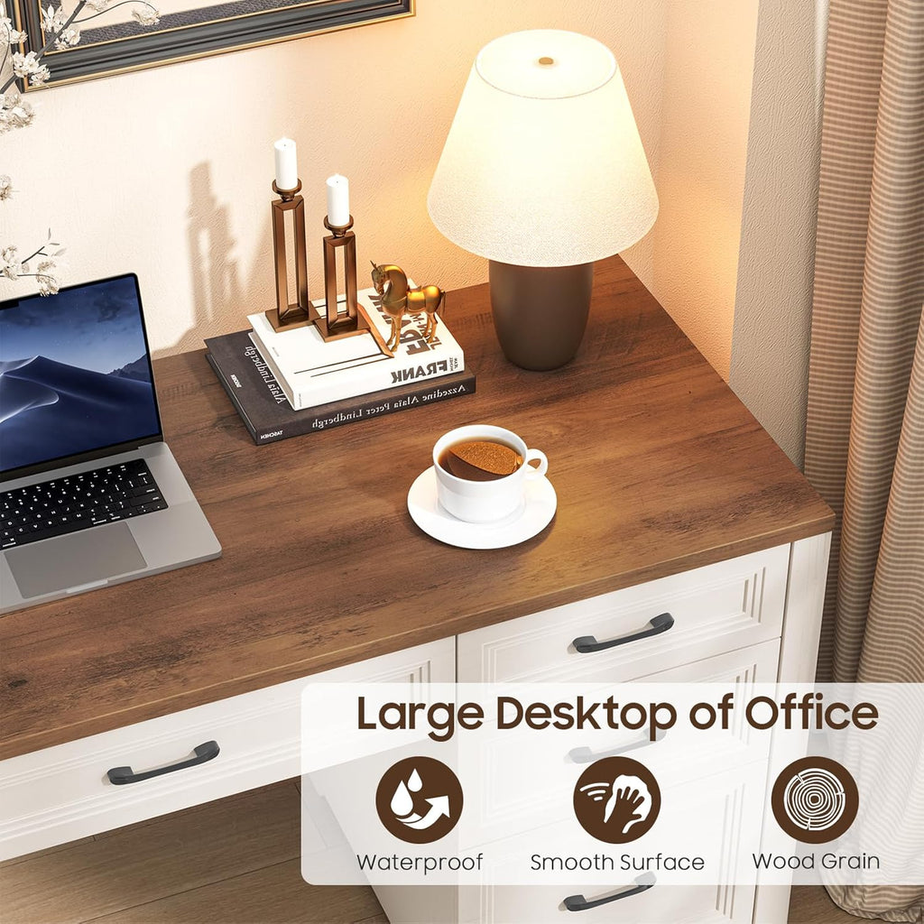 Vabches Farmhouse Executive Desk, Wood Home Office Desk with 2 Large File Drawers and 5 Storage Cabinets, Rustic Writing Desk for Work and Study, Brown