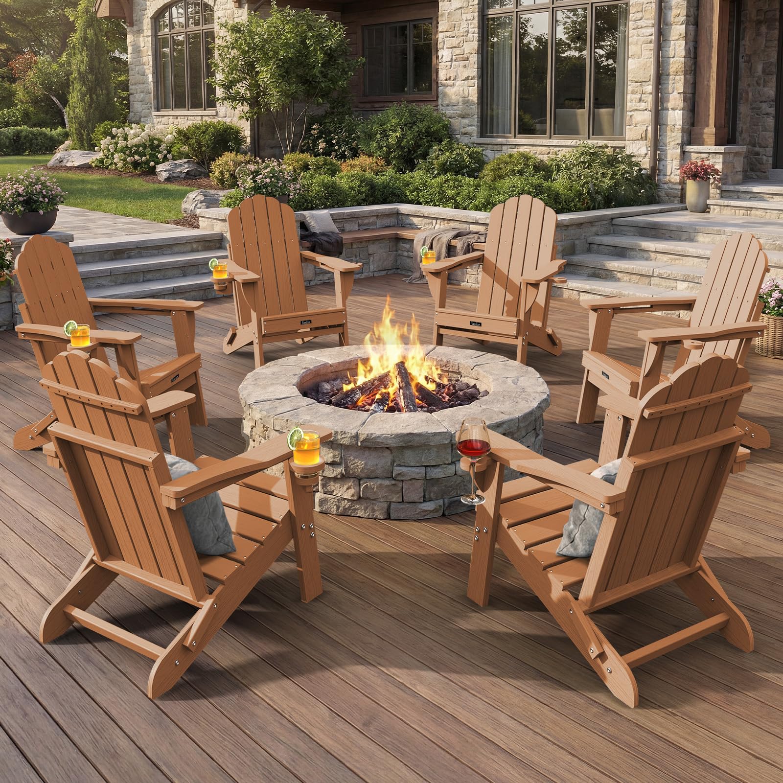 Folding Adirondack Chair,All-Weather HDPE Fire Pit Chair with 2 Cup Holders, Plastic Outdoor Chair for Patio Deck Garden Lawn, Black