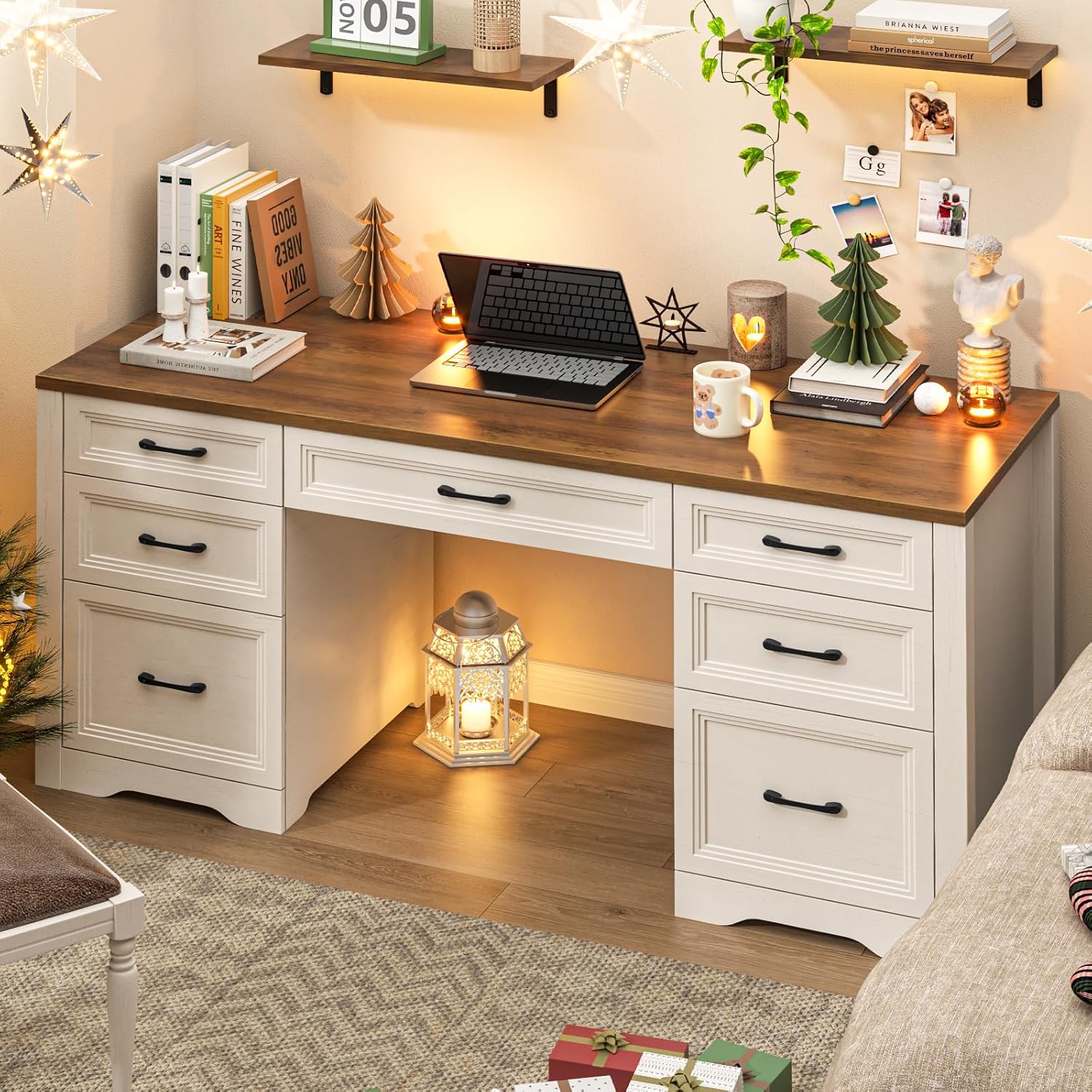 Vabches Farmhouse Executive Desk, Wood Home Office Desk with 2 Large File Drawers and 5 Storage Cabinets, Rustic Writing Desk for Work and Study, Brown