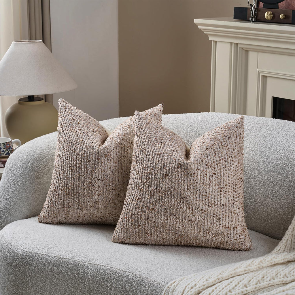 DEZENE 22x22 Beige Throw Pillow Cover Textured Boucle Striped Chic Morden Boho Accent Farmhouse Square Decorative Couch Pillow Cover for Home Decor Bed Sofa Living Room