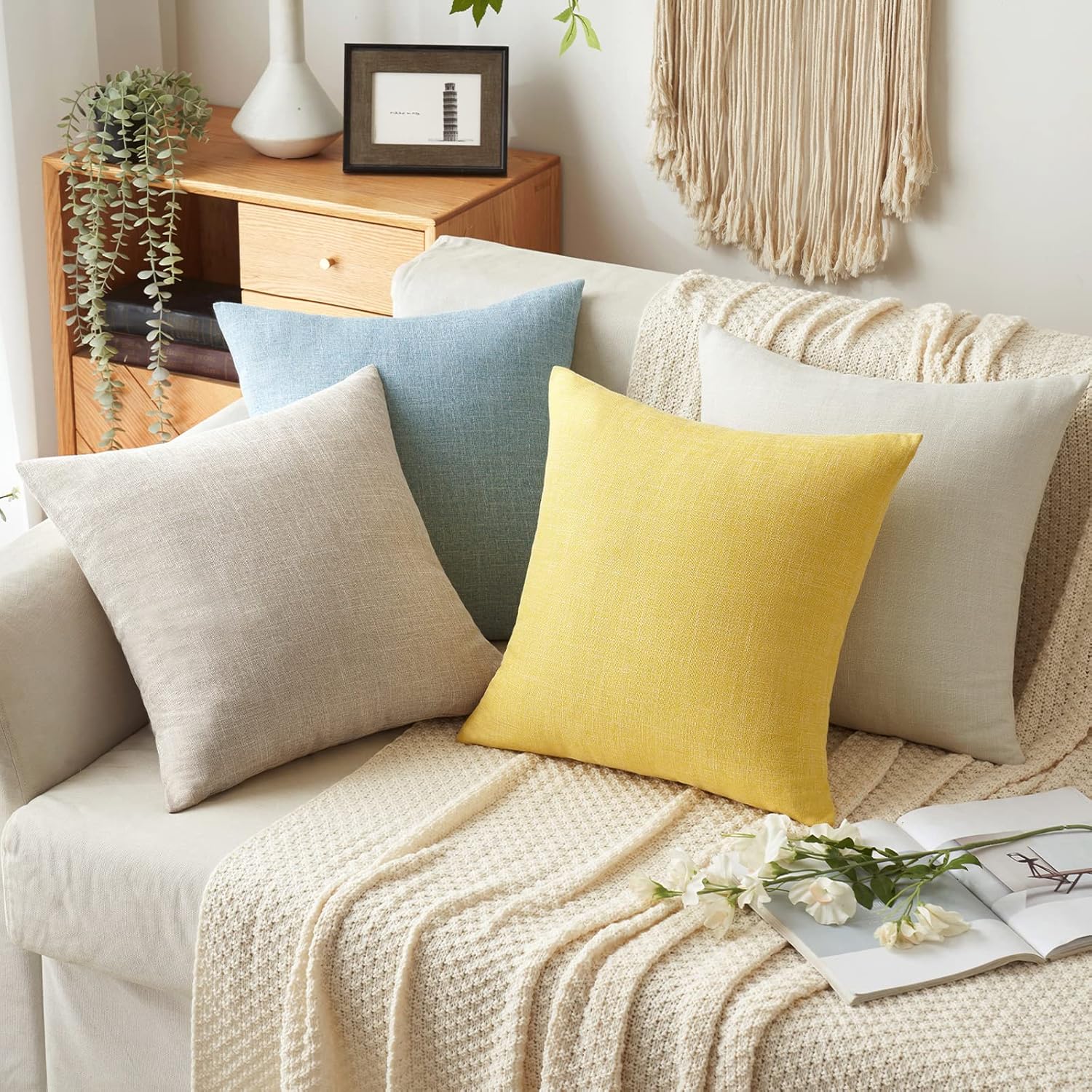 MIULEE Pack of 2 Decorative Linen Burlap Textured Pillow Covers Farmhouse Boho Accent Pillowcases Spring Home Decor for Couch Sofa Bedroom Living Room 18x18 Inch Yellow