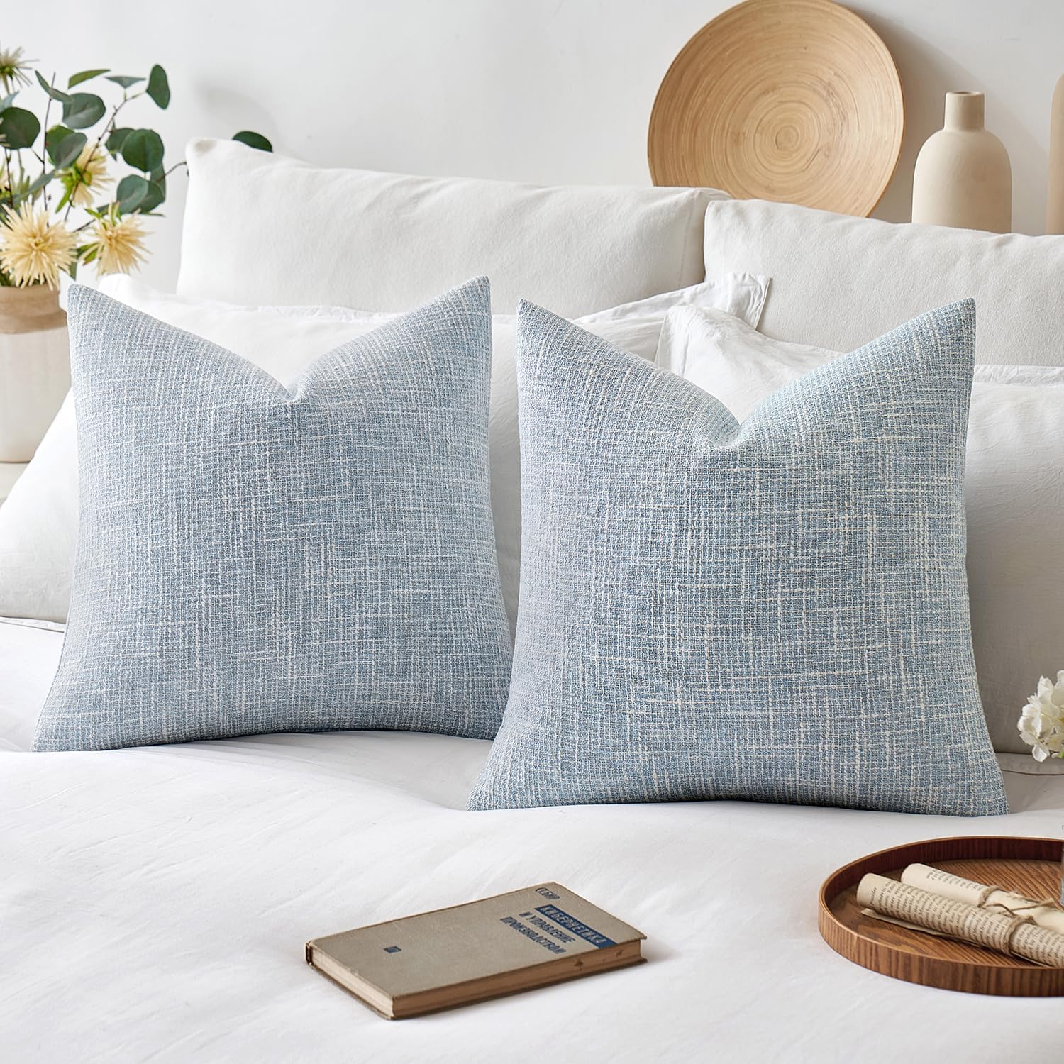 MIULEE Burlap Linen Spring Throw Pillow Covers 18x18 Inch Set of 2 Coastal Light Blue Farmhouse Decorative Pillows Modern Soft Accent Cushion Covers for Couch Sofa Bedroom Livingroom Home Decor