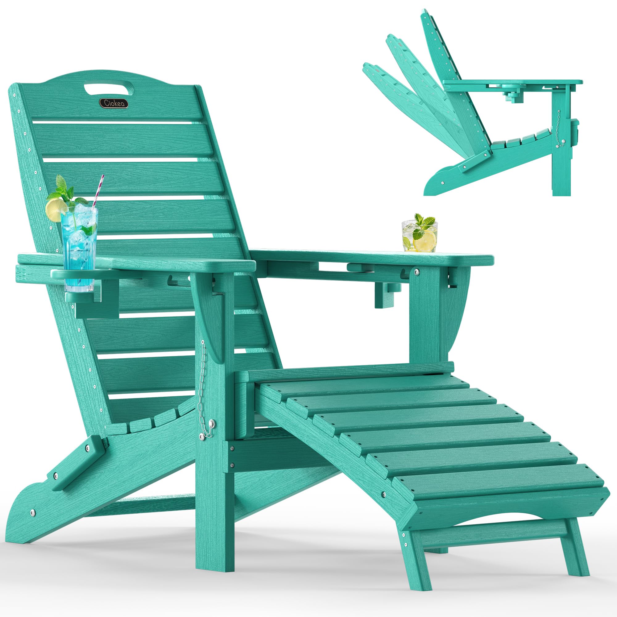 Ciokea Folding Adirondack Chair with Retractable Ottoman Fire Pit Patio Chair with Pull Out Foot Rest Weather Resistant Lawn Outdoor Lounge Chair with 2 Cup Holder (Grey)