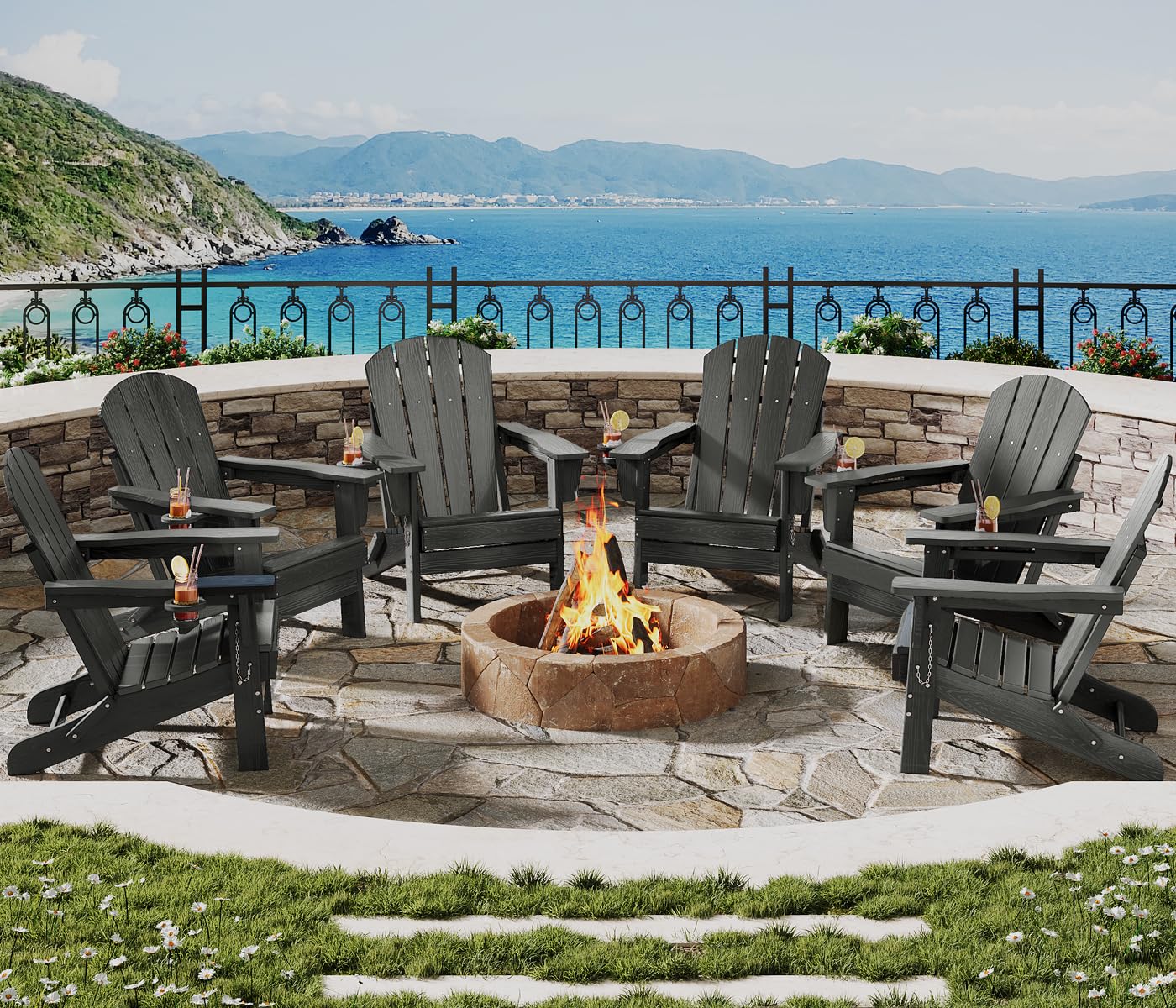 GarveeLife Folding Adirondack Chair Set of 2, All-Weather HDPE Outdoor Chair, Wooden Textured with Cup Holder for patios, Decks, Gardens, fire pits, Navy Blue