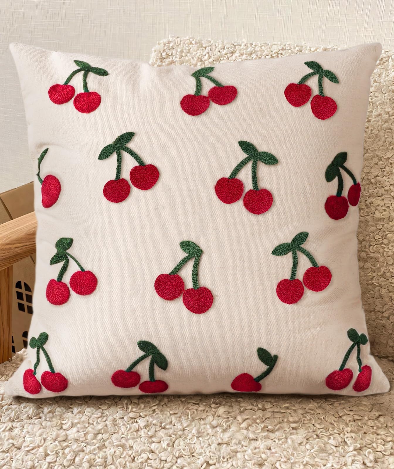 Embroidered Throw Pillow Cover 20x20 Inch - Spring Summer Boho Decorative Pillow Cover with Zipper for Living Room Couch Sofa Bed Aesthetic Design Retro Flower Cushion Pillowcase