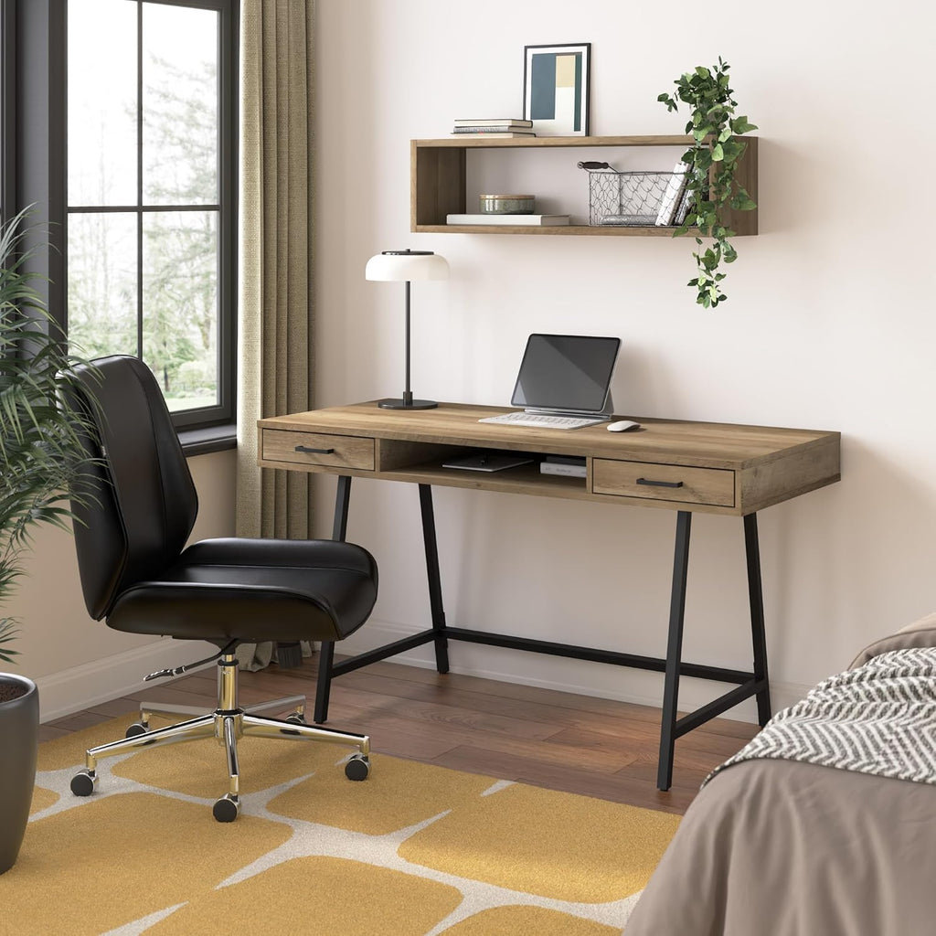 Bush Home Steele 54W Writing Desk with Storage in Reclaimed Pine | Large Wooden Computer Table for Home Office Workspace