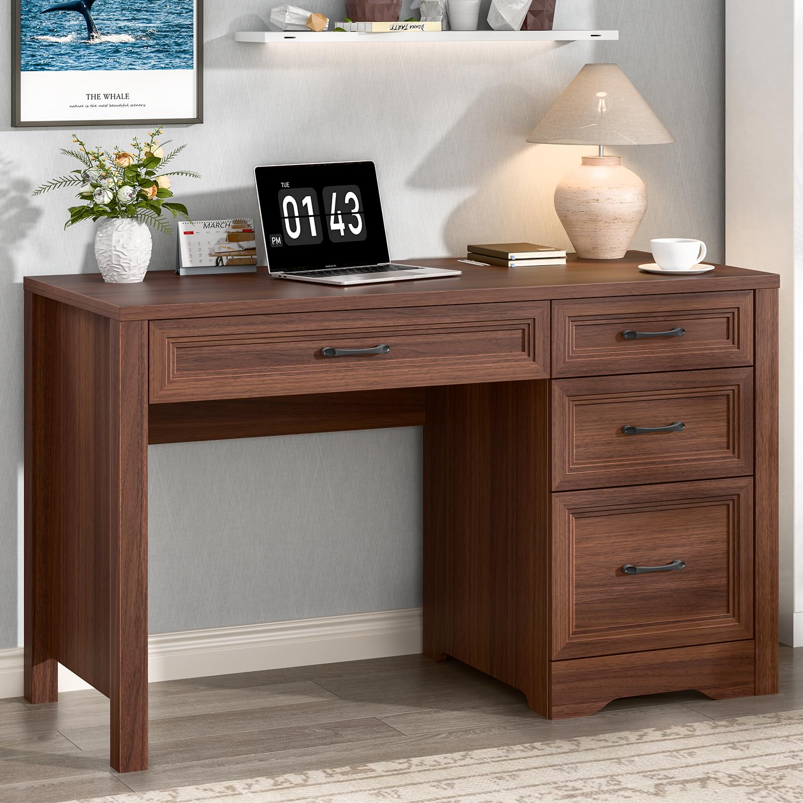 Vabches Farmhouse Executive Desk, Wood Home Office Desk with 2 Large File Drawers and 5 Storage Cabinets, Rustic Writing Desk for Work and Study, Brown