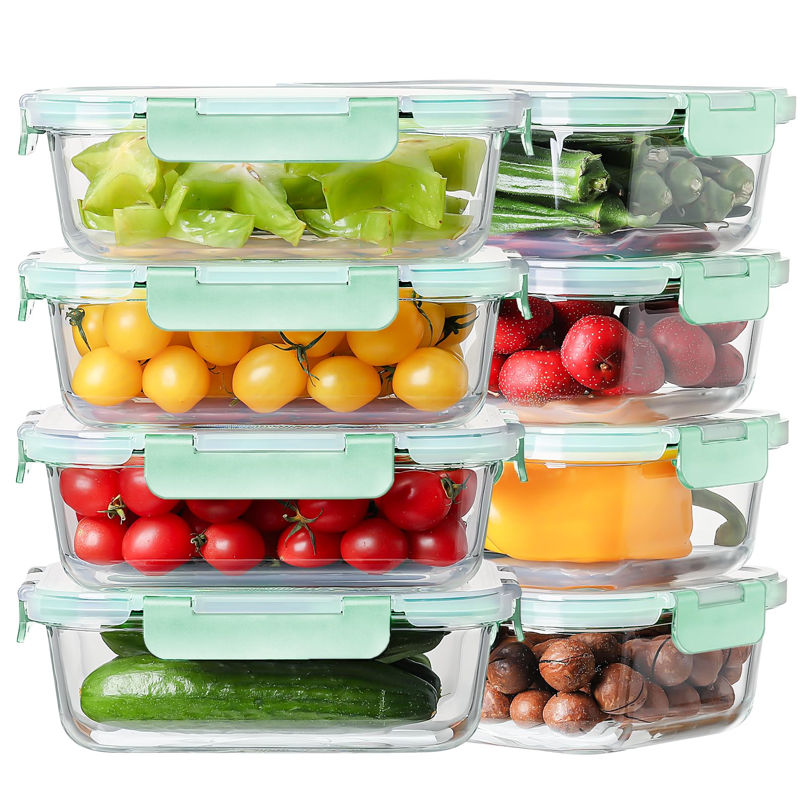 8 Pack 36oz Large Glass Meal Prep Containers with lids, Glass Food Storage Containers with Leak Proof Snap Lock Lids , Airtight Bento lunch Boxes, Kitchen Storage, Oven, Freezer and Dishwasher Safe