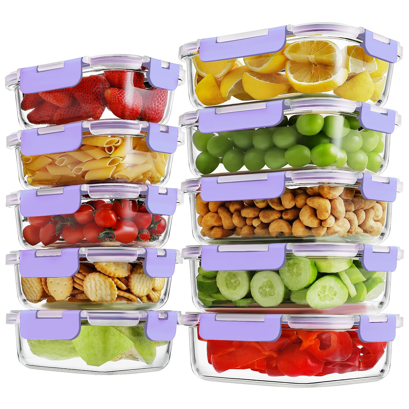HOMBERKING 10 Pack Borosilicate Glass Meal Prep Containers with Locking Lids, Glass Food Storage Containers Set, Airtight Lunch Bento Boxes, BPA-Free & Leak Proof, 36oz & 14oz, Freezer, Oven Safe